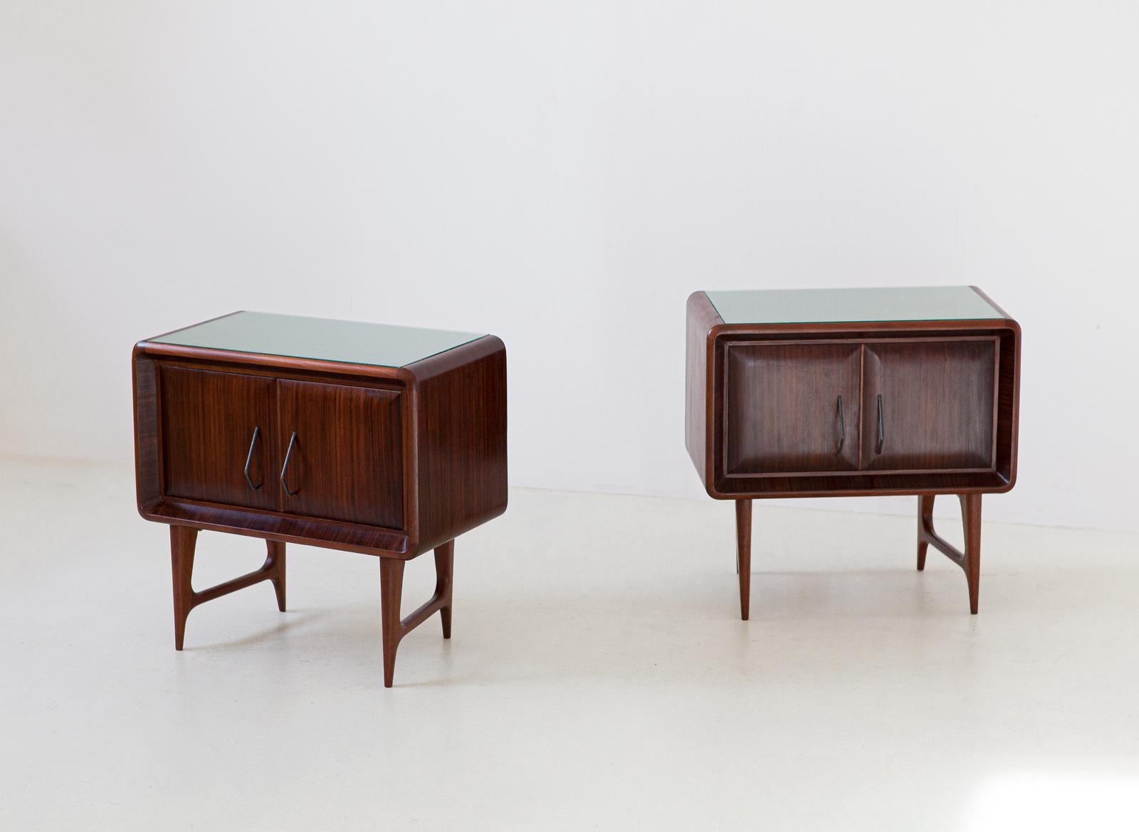 Pair of Italian Rosewood and Green Glass Bedside Tables, 1950s 3