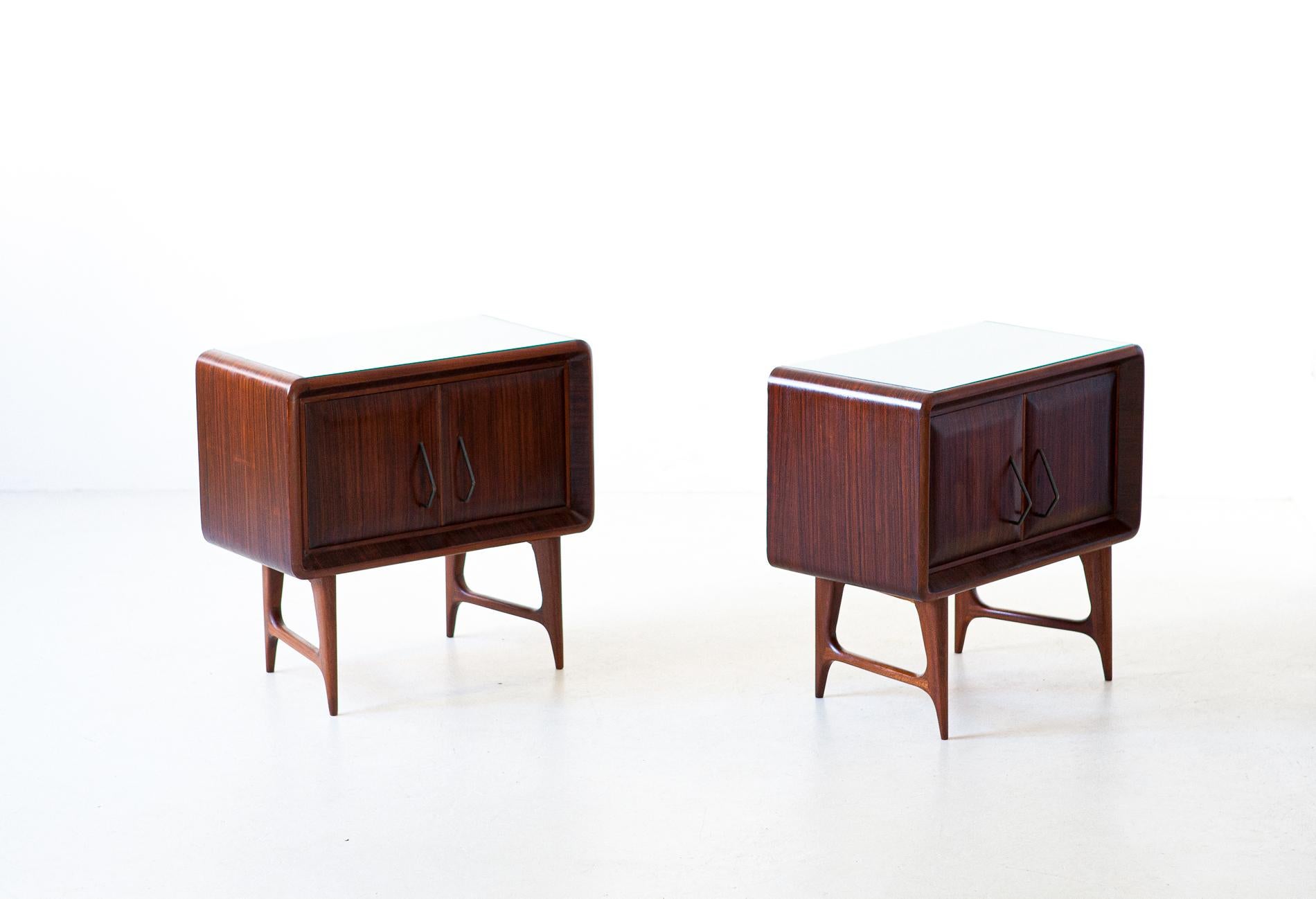 Pair of Italian Rosewood and Green Glass Bedside Tables, 1950s 4