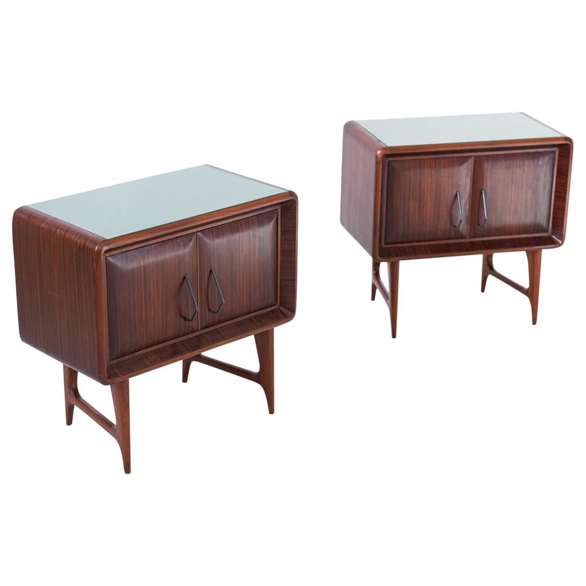Pair of Italian Rosewood and Green Glass Bedside Tables, 1950s