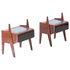 Pair of Italian Rosewood Bedside Tables with Glass Top, 1950s