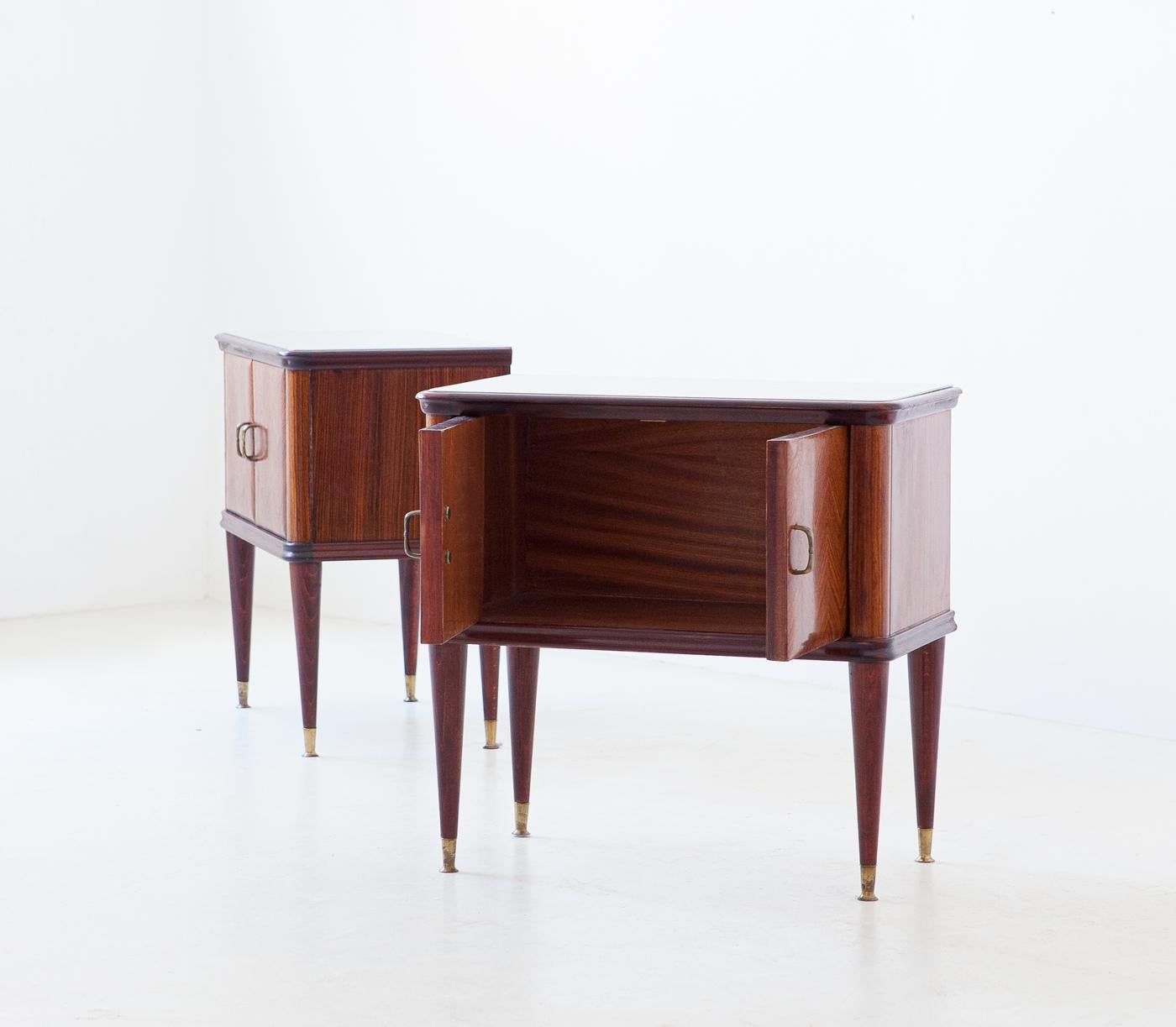 Pair of Italian Rosewood Bedside Tables with Grey Glass Top, 1950s 2
