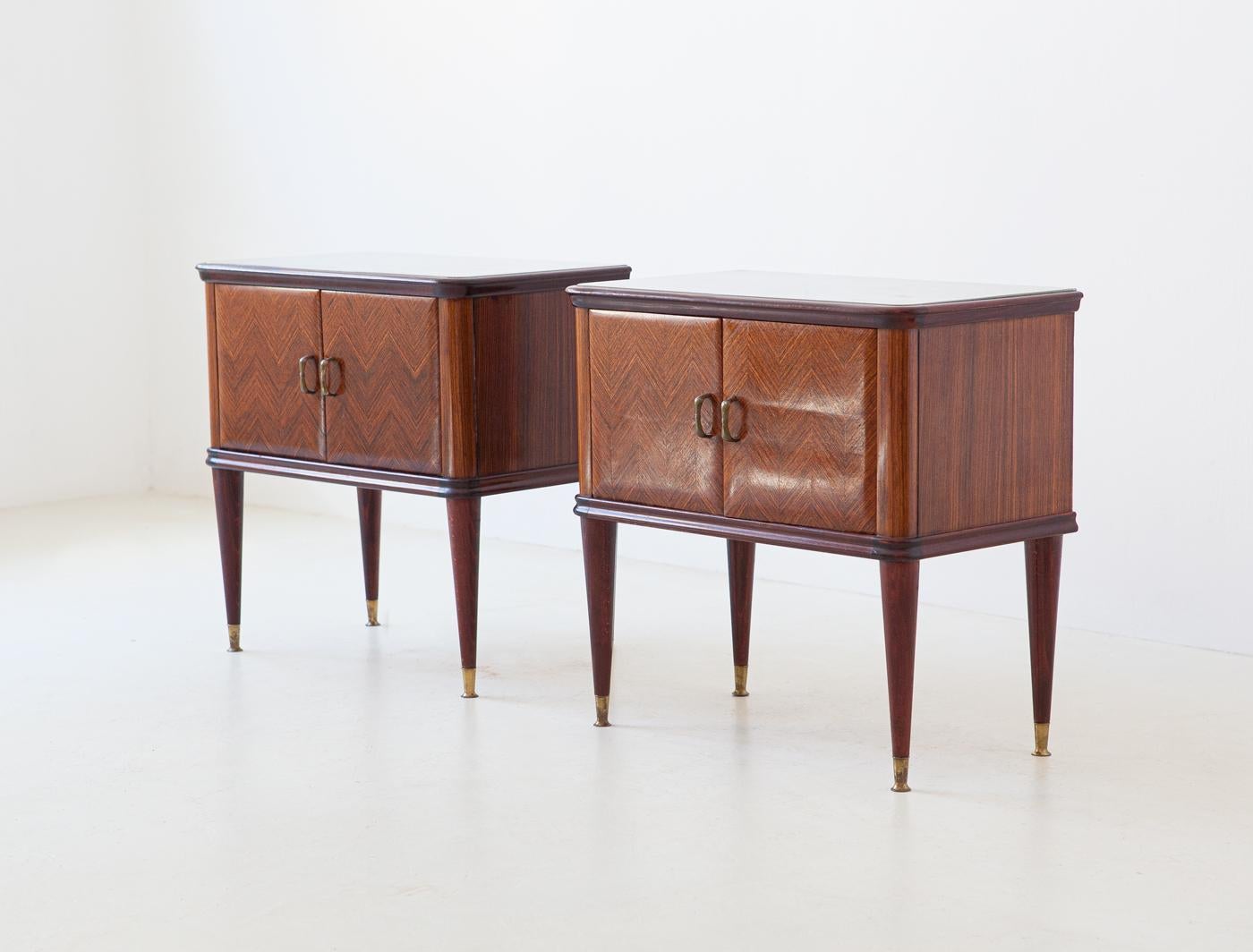 Pair of Italian Rosewood Bedside Tables with Grey Glass Top, 1950s 3