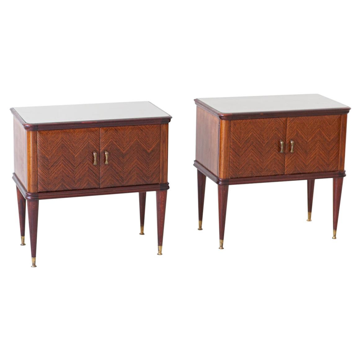 Pair of Italian Rosewood Bedside Tables with Grey Glass Top, 1950s