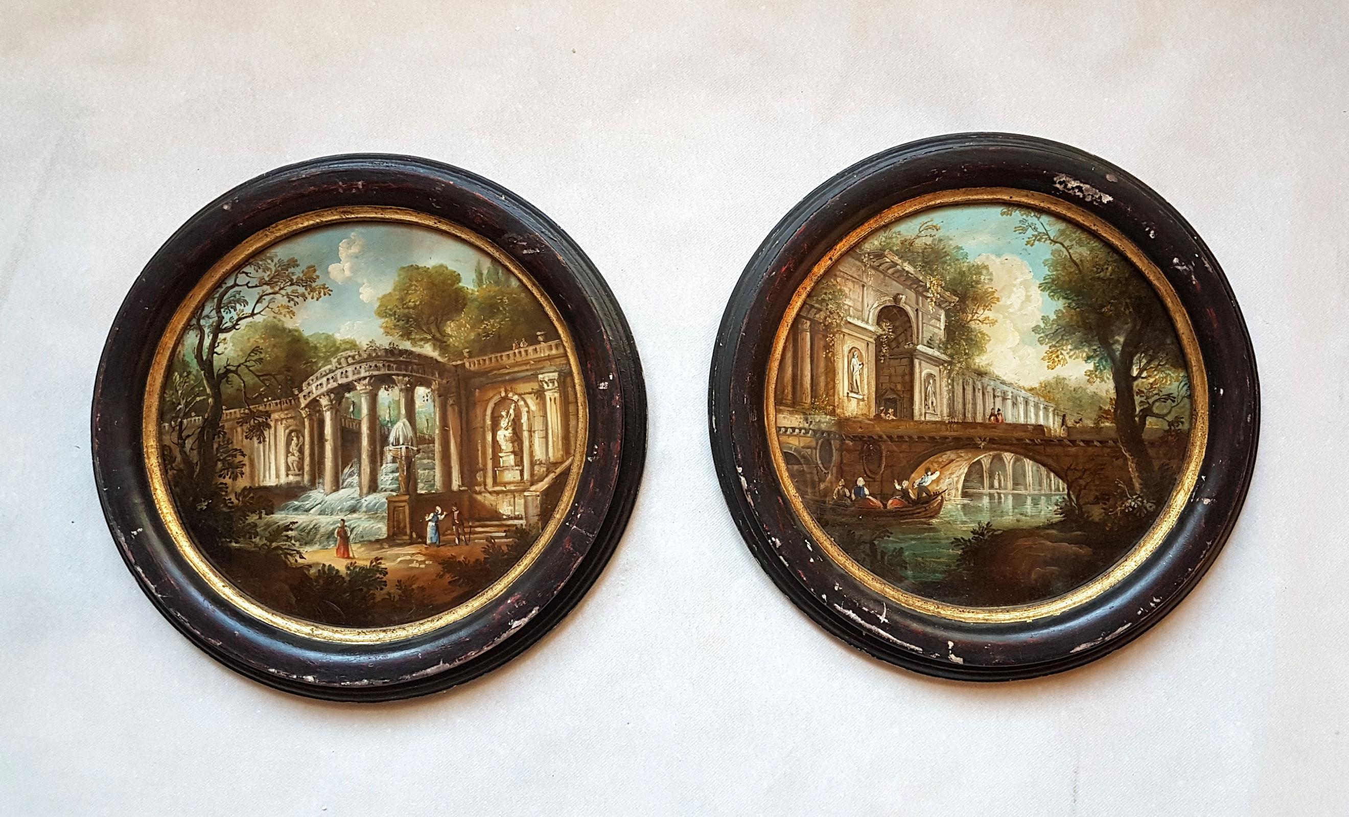 Pair of Italian oil paintings, on brass, covered with a transparent glass, with black and gold wood frame.
They represent two different 18th century Italian romantic decors, sceneries.
Italy, circa 1960s.
Very good condition.