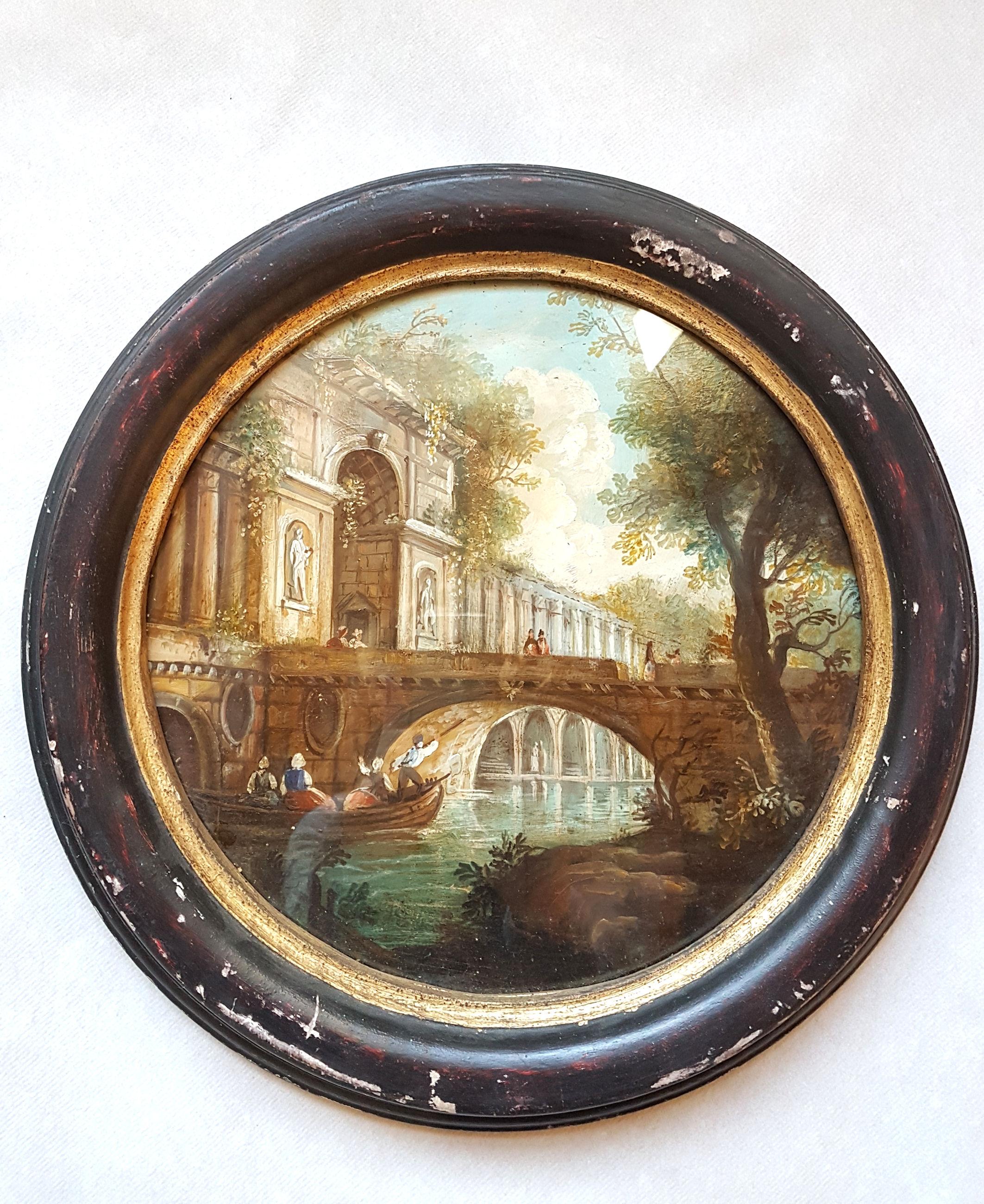 Neoclassical Revival Pair of Italian Round Oil Paintings on Brass with 18th Century Decor circa 1960s