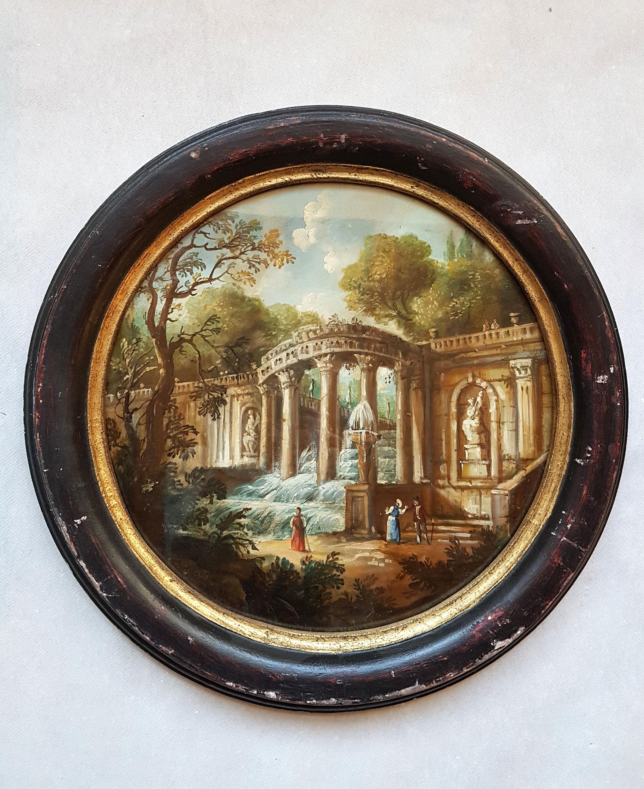 Pair of Italian Round Oil Paintings on Brass with 18th Century Decor circa 1960s In Good Condition In Dallas, TX