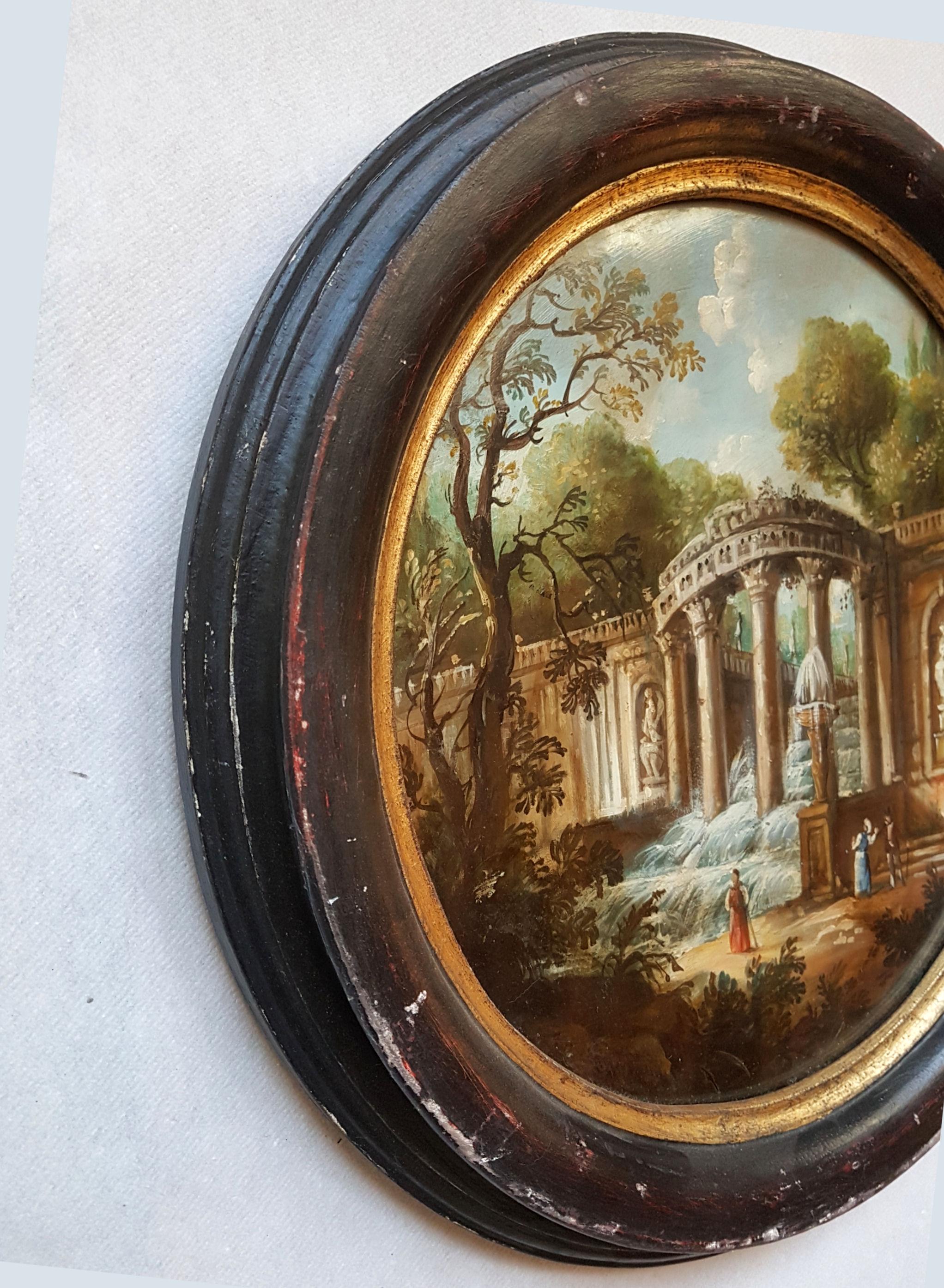Mid-20th Century Pair of Italian Round Oil Paintings on Brass with 18th Century Decor circa 1960s