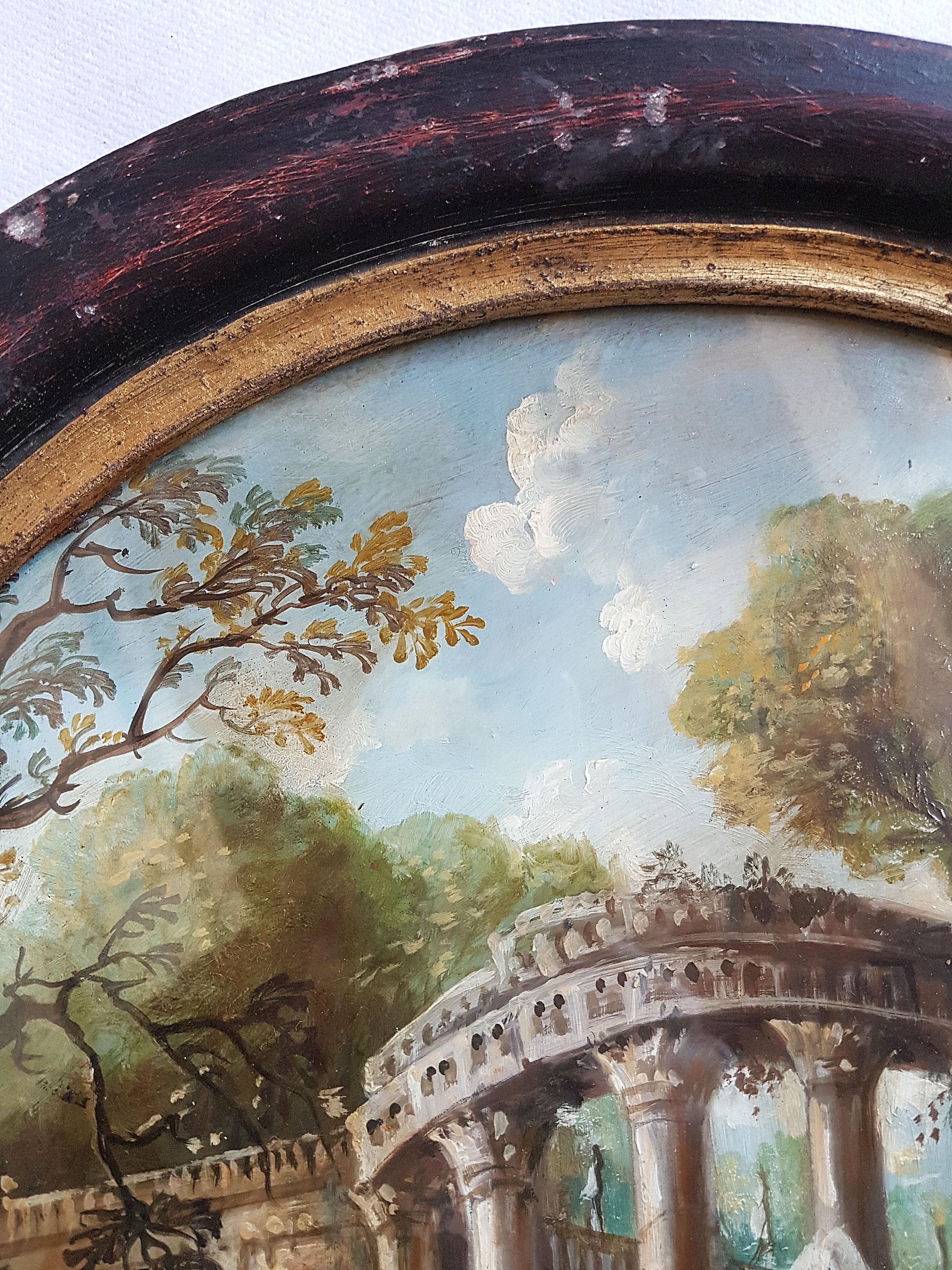 Pair of Italian Round Oil Paintings on Brass with 18th Century Decor circa 1960s 4
