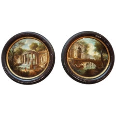 Pair of Italian Round Oil Paintings on Brass with 18th Century Decor circa 1960s