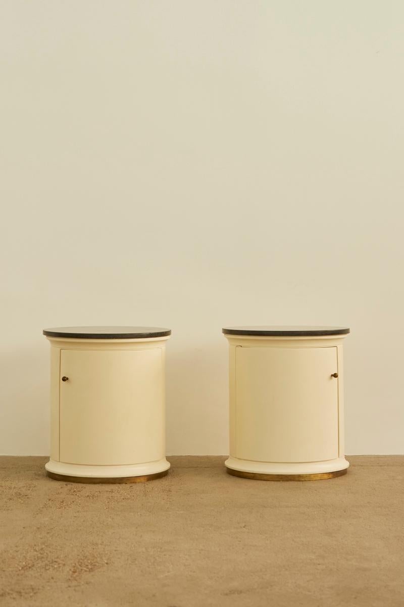1960s Italian bedside tables / storage in lacquered wood, granite and original brass knobs.