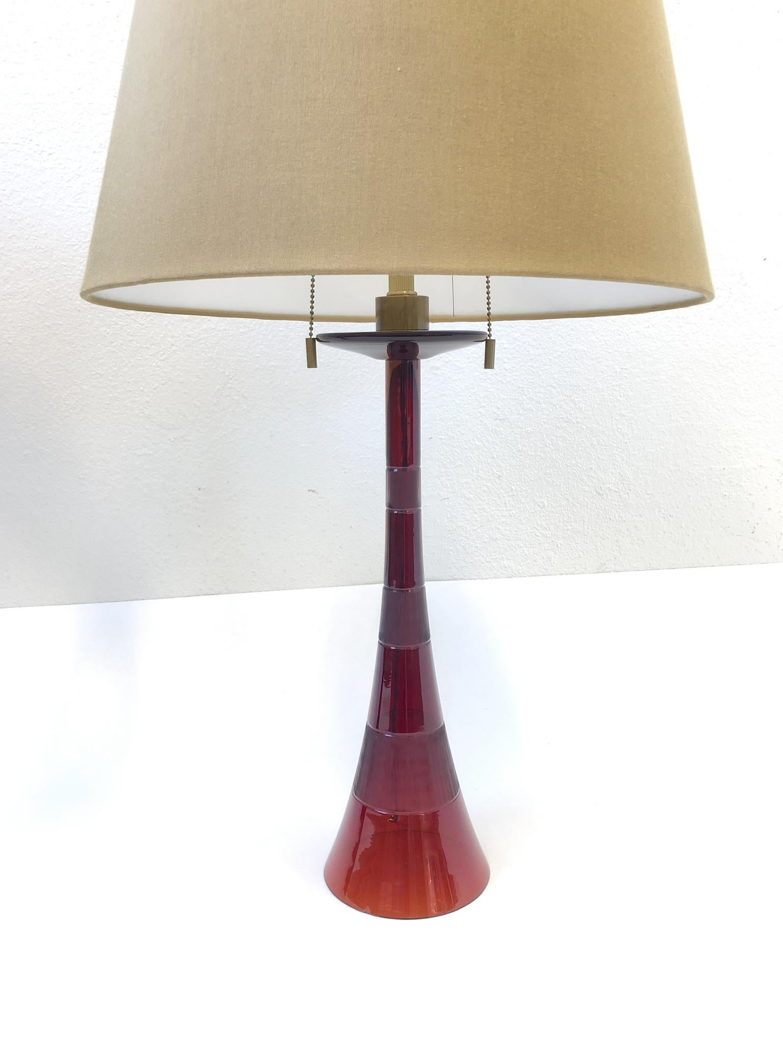 Pair of Italian Ruby Red Murano Glass and Brass Table Lamps by Donghia 6