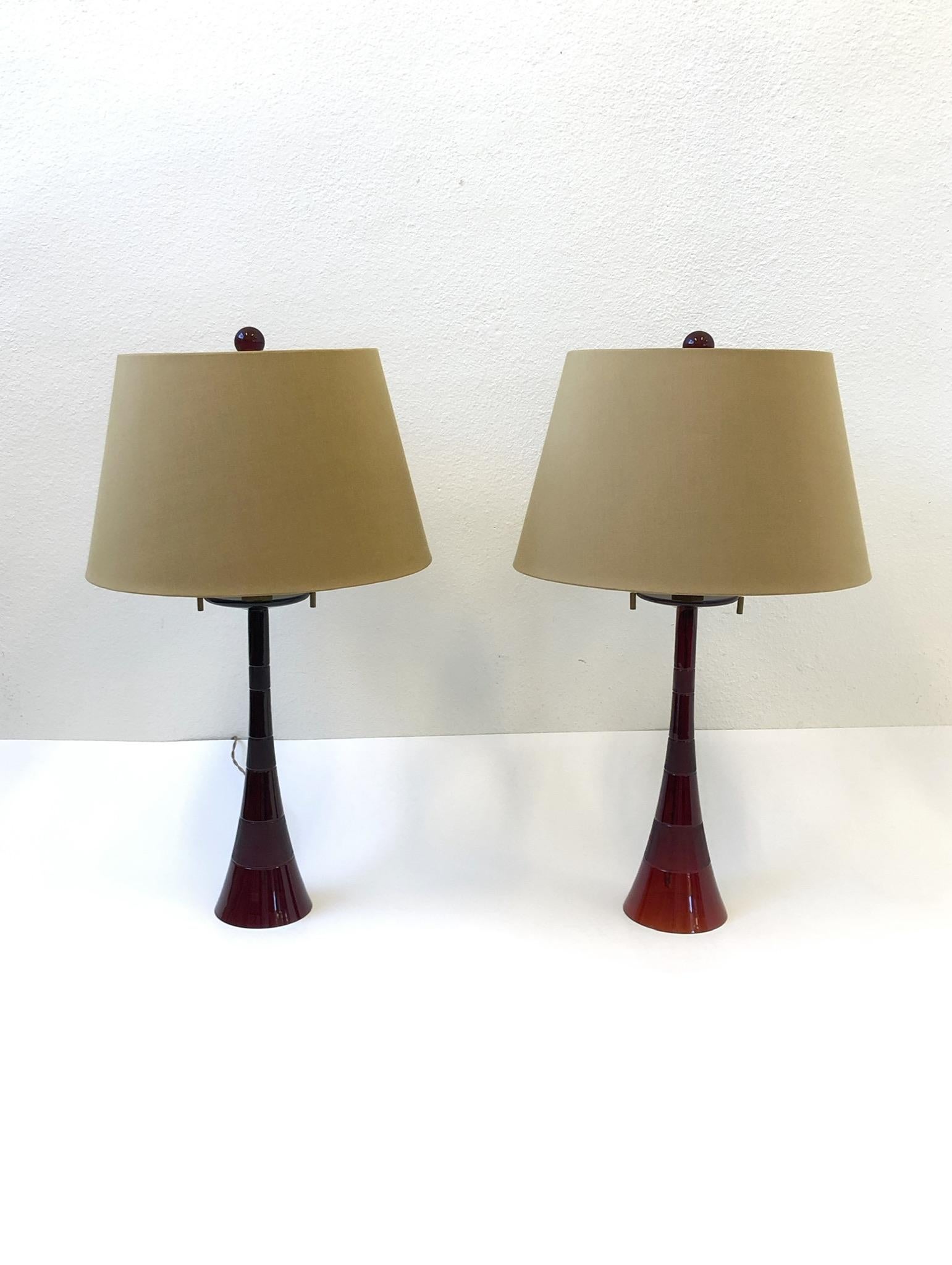 Pair of Italian Ruby Red Murano Glass and Brass Table Lamps by Donghia 7