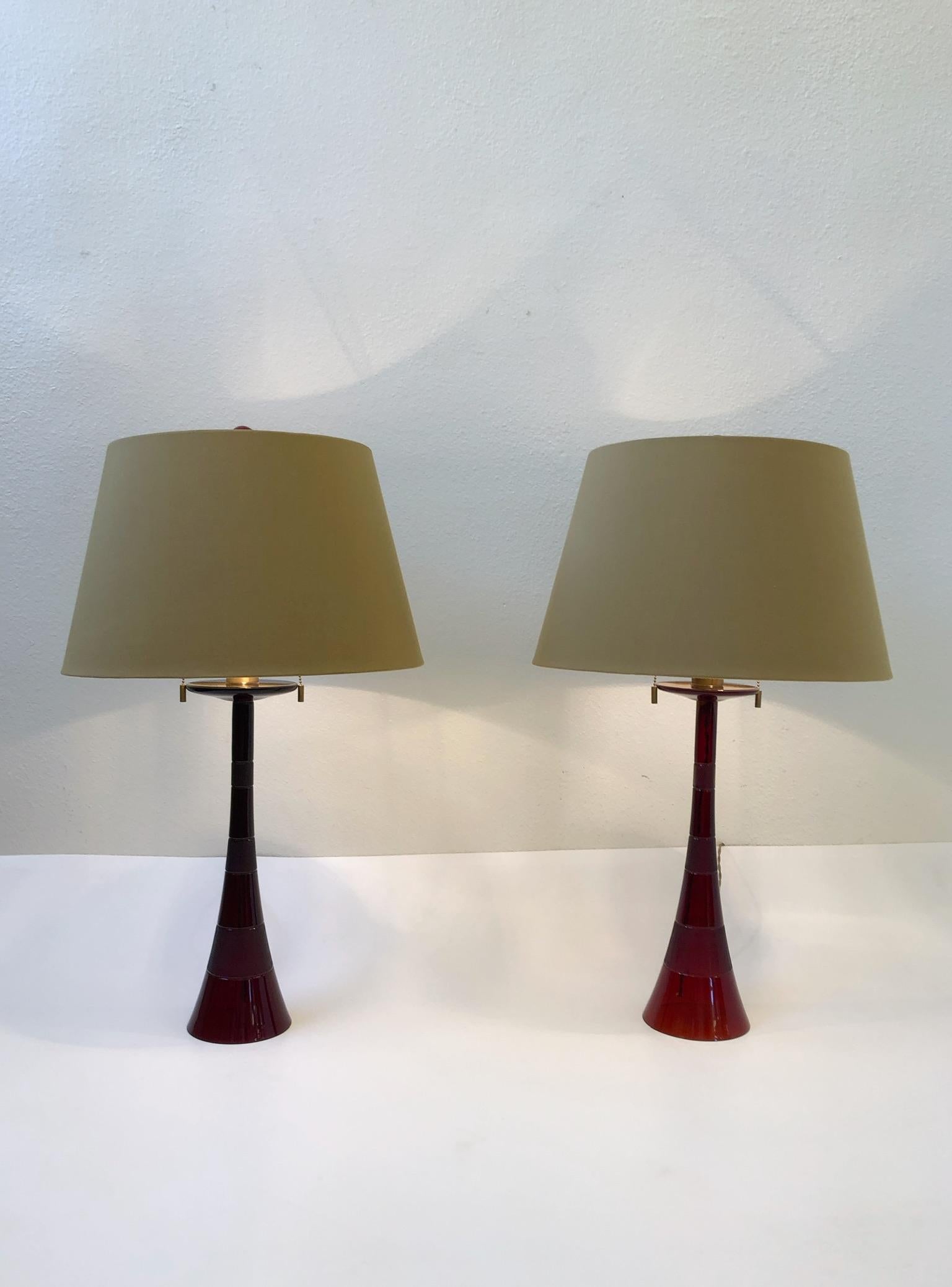 Modern Pair of Italian Ruby Red Murano Glass and Brass Table Lamps by Donghia
