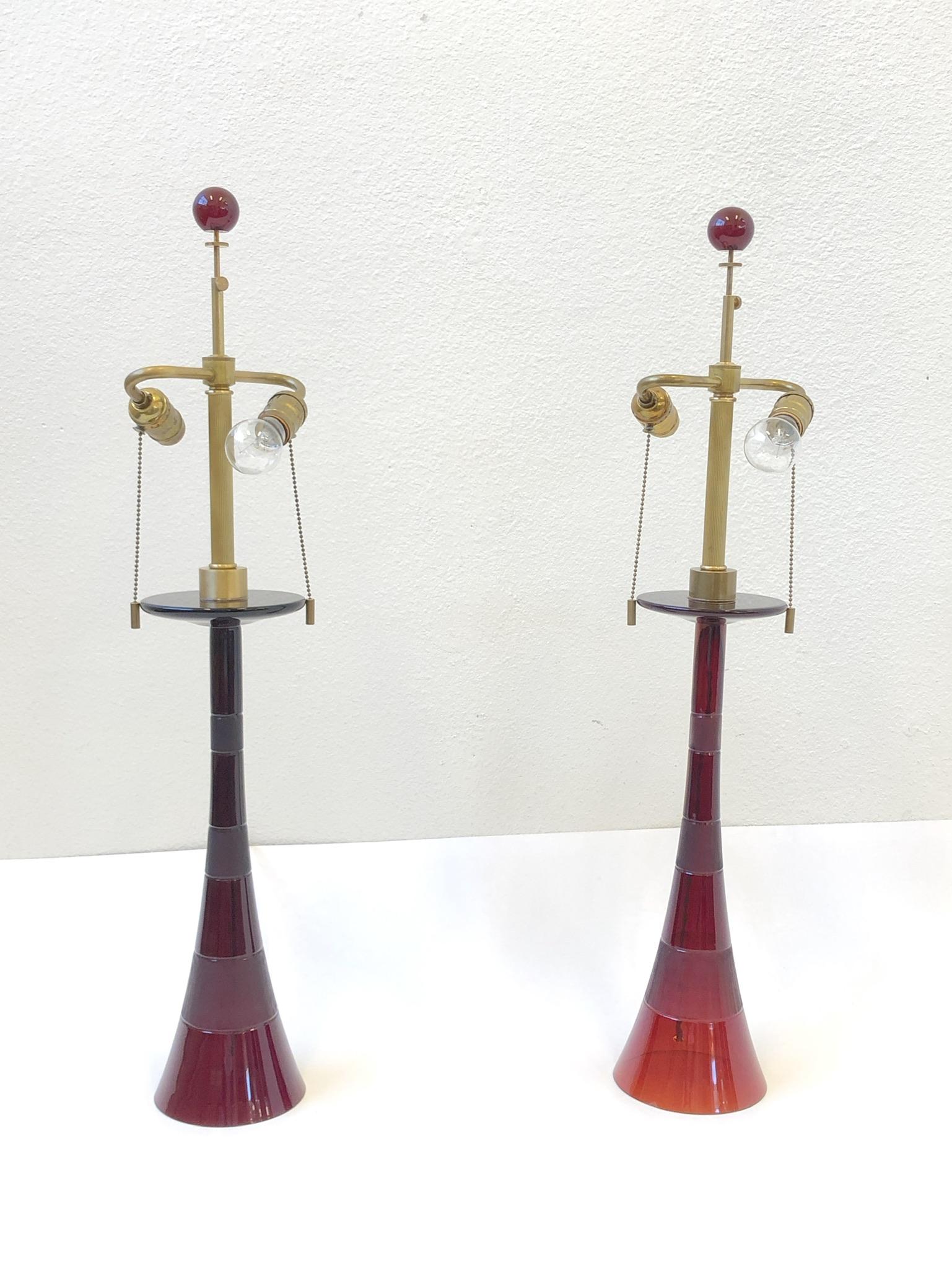 Pair of Italian Ruby Red Murano Glass and Brass Table Lamps by Donghia In Excellent Condition In Palm Springs, CA