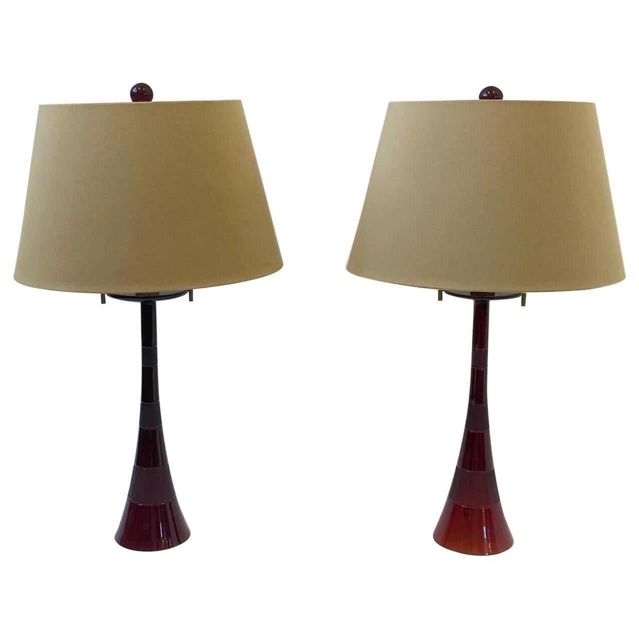 Pair of Italian Ruby Red Murano Glass and Brass Table Lamps by Donghia