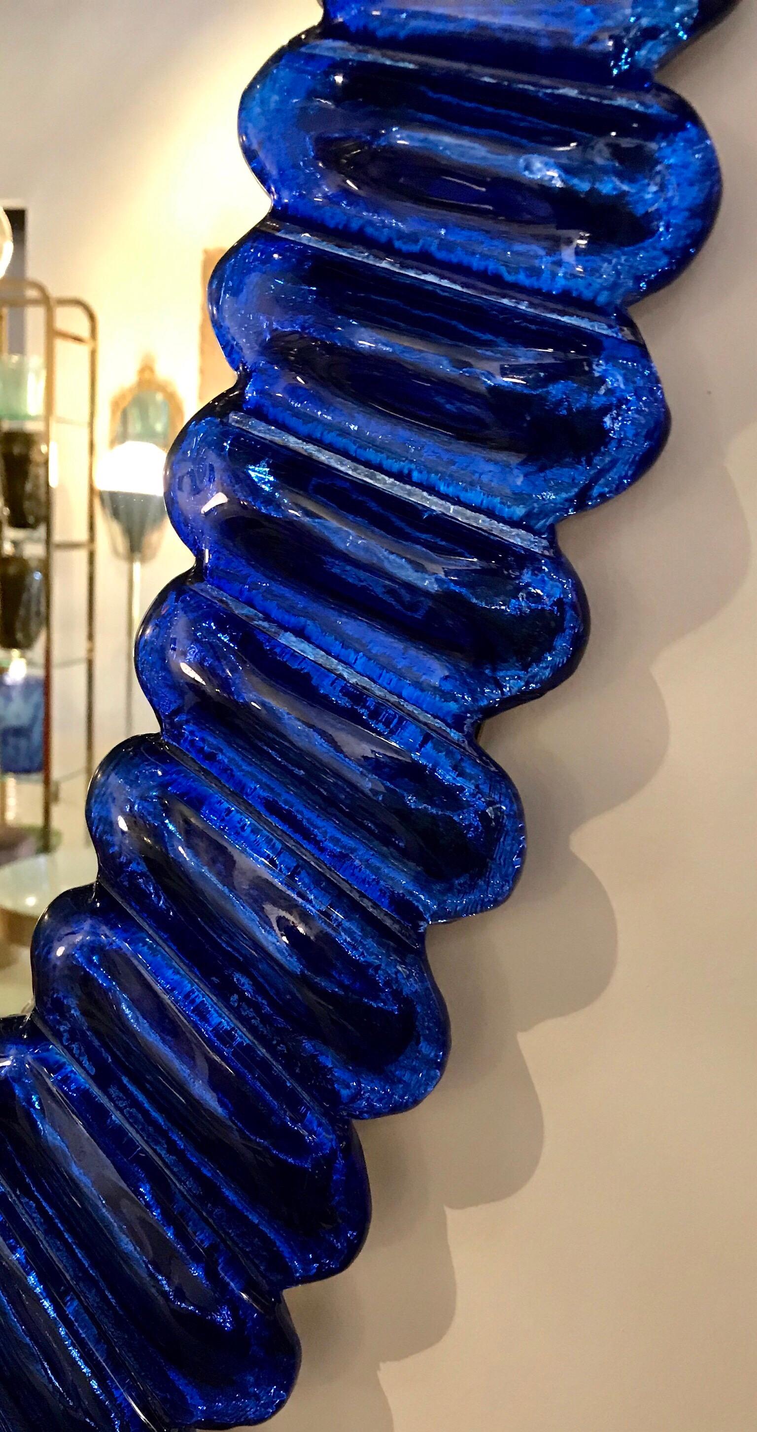 Mid-Century Modern Italian Sapphire Blue Glass and Brass Mirror