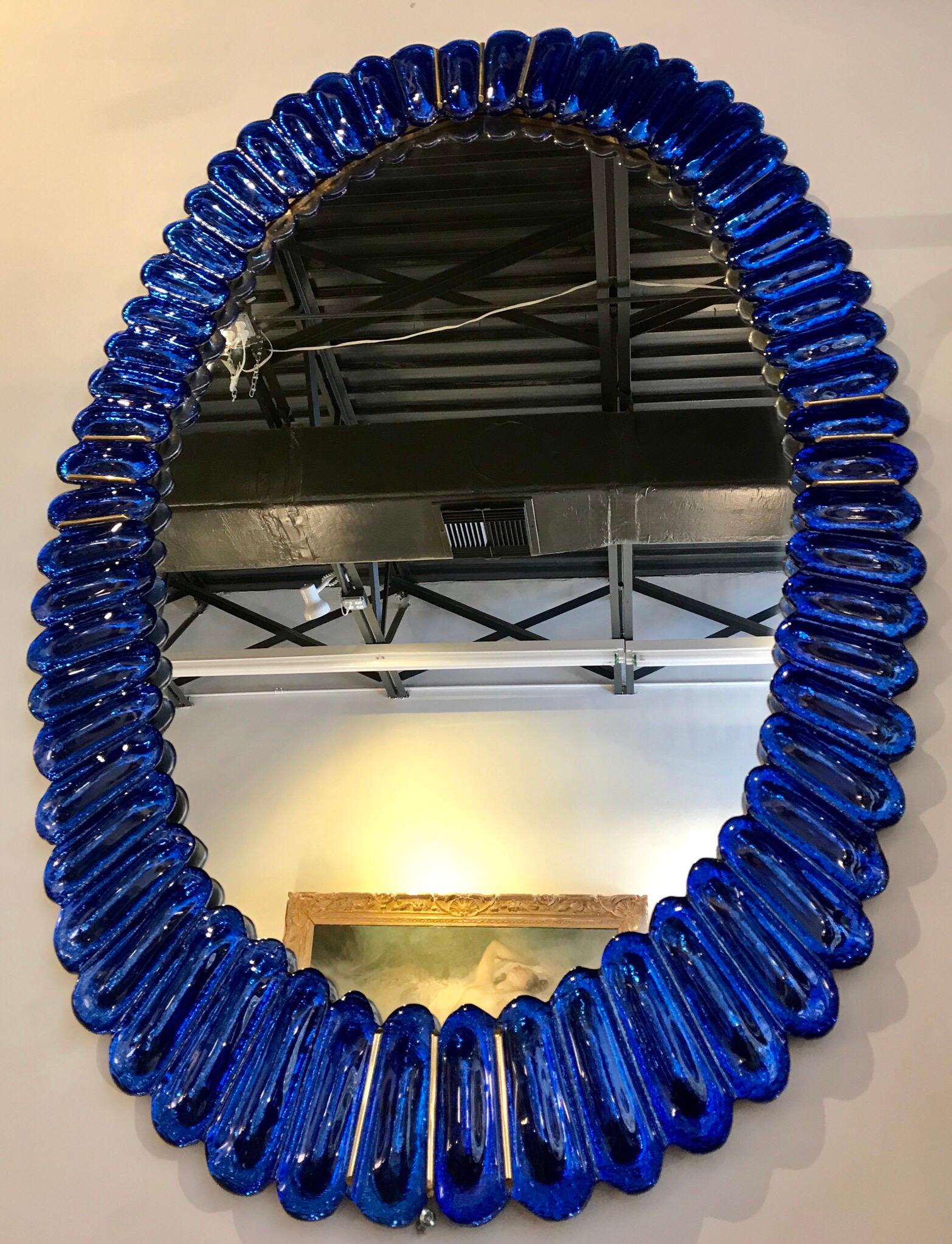 Italian Sapphire Blue Glass and Brass Mirror In Good Condition In Miami, FL