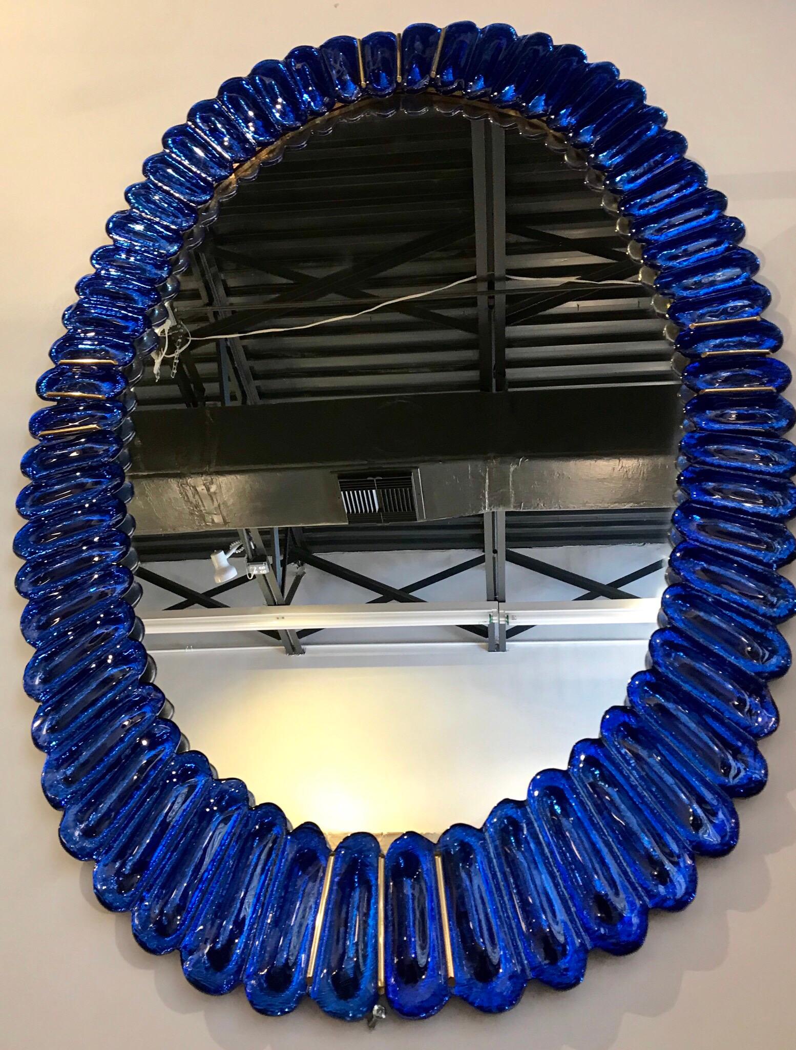 Italian Sapphire Blue Glass and Brass Mirror 1