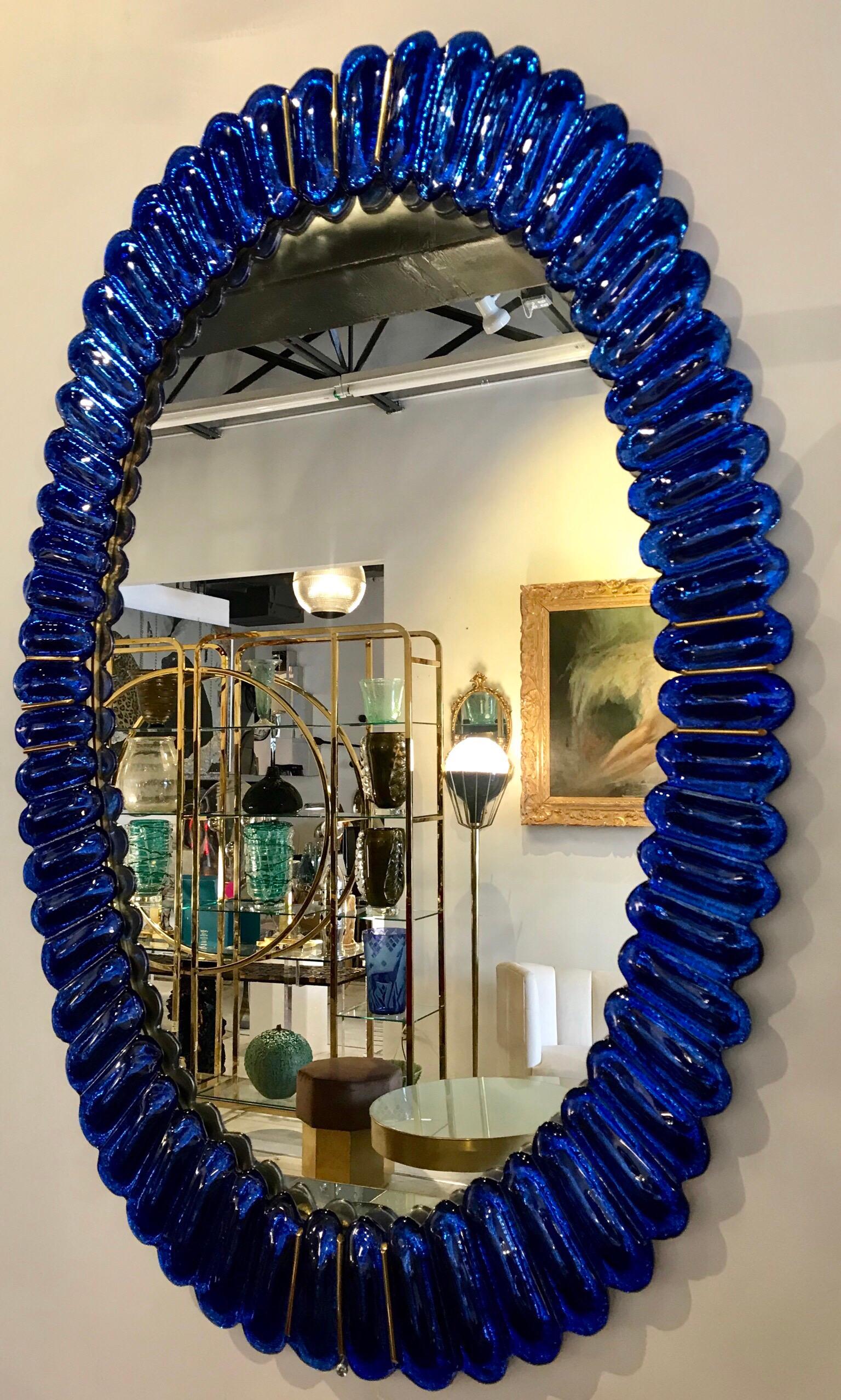 Italian Sapphire Blue Glass and Brass Mirror 2