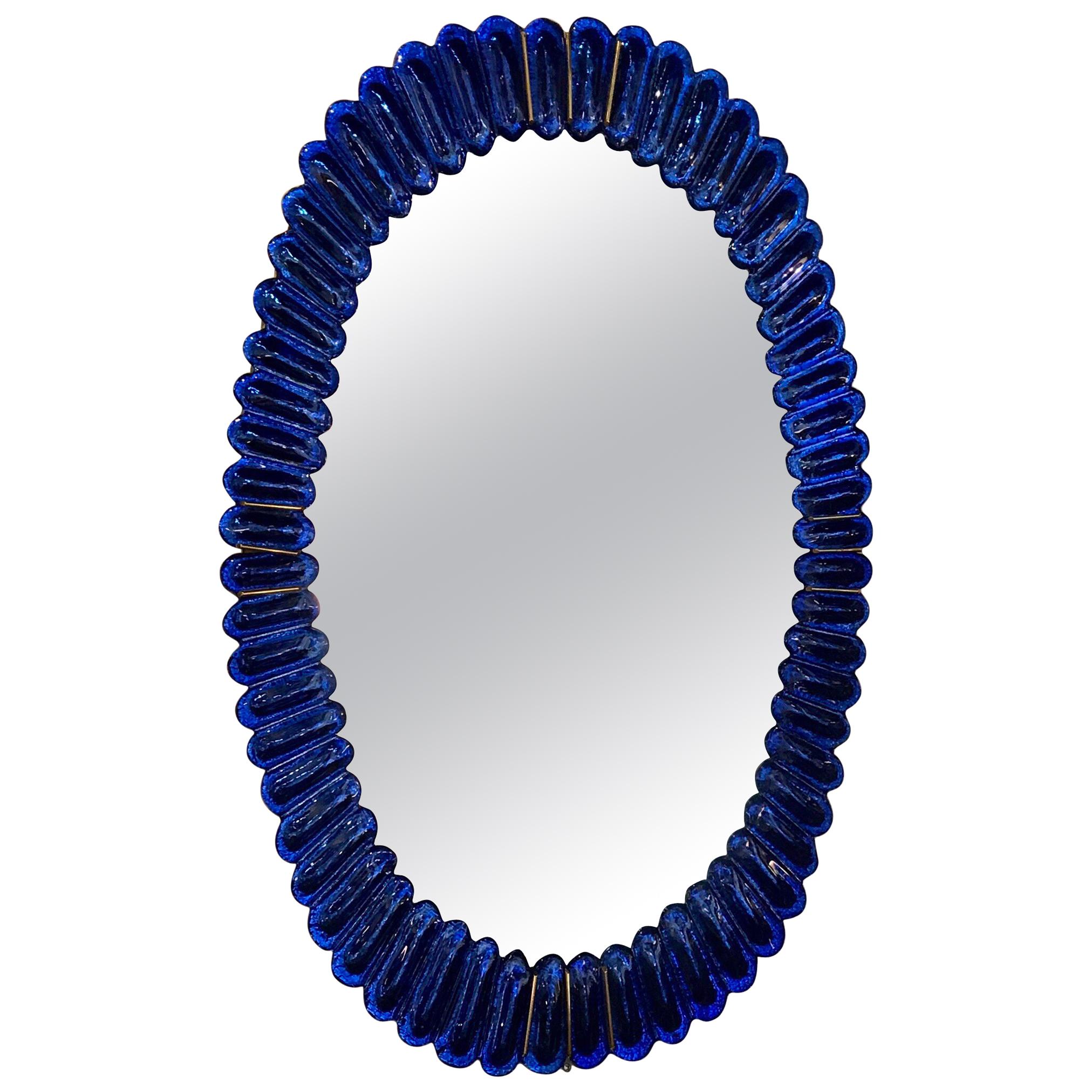 Italian Sapphire Blue Glass and Brass Mirror