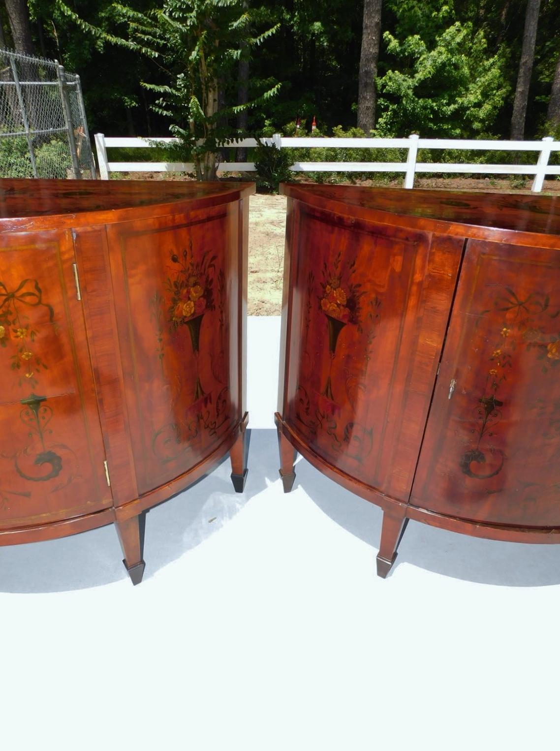 Pair of Italian Satinwood Paint Decorated Demilune Cabinets on Tapered Legs 1820 For Sale 3