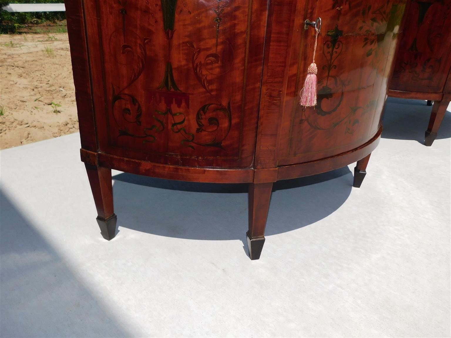 Pair of Italian Satinwood Paint Decorated Demilune Cabinets on Tapered Legs 1820 For Sale 4