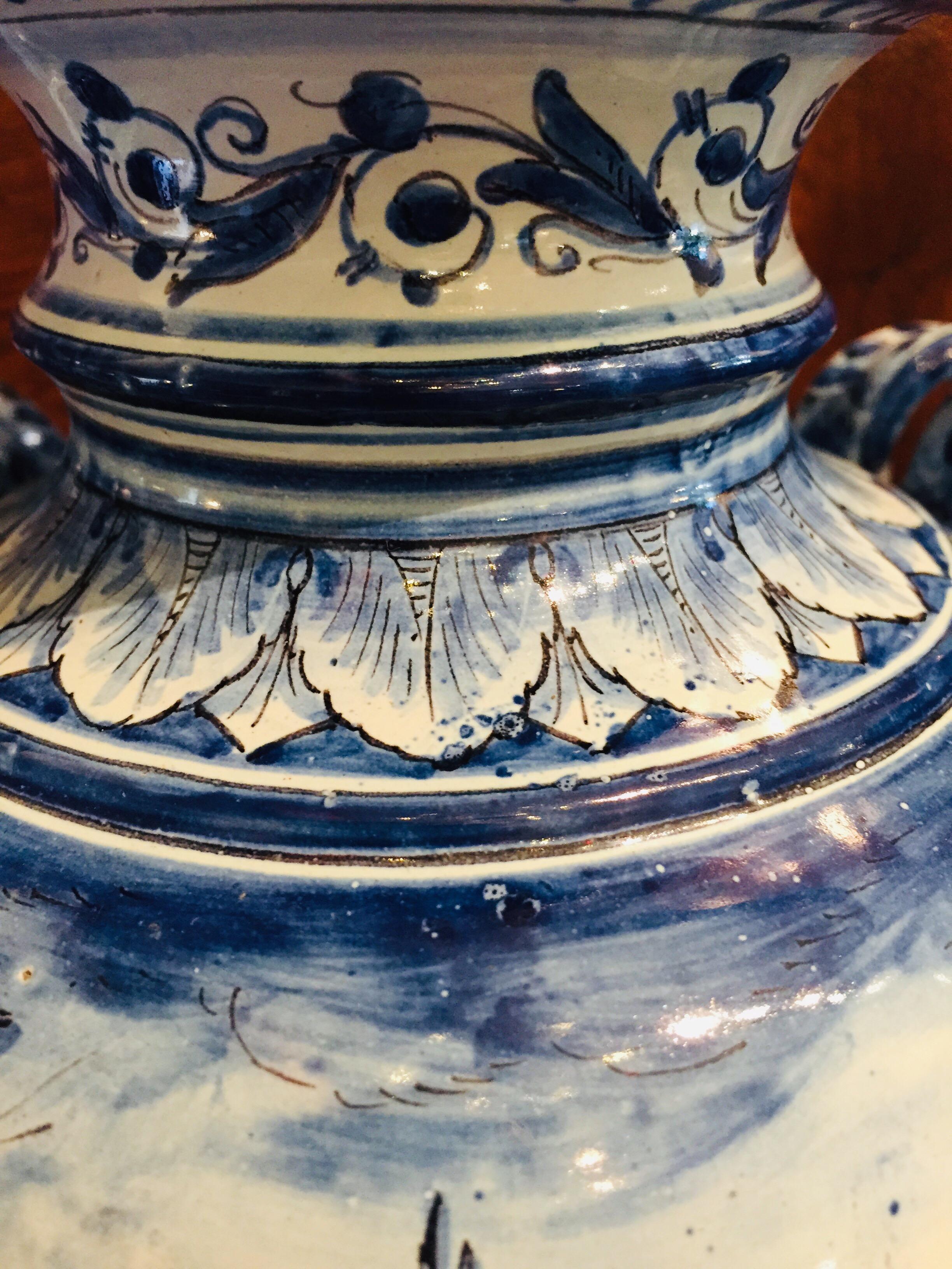 Pair of Italian Vases 20th Century Blue and White Maiolica Savona Vases 8