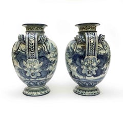 Pair of Italian Vases 20th Century Blue and White Maiolica Savona Vases