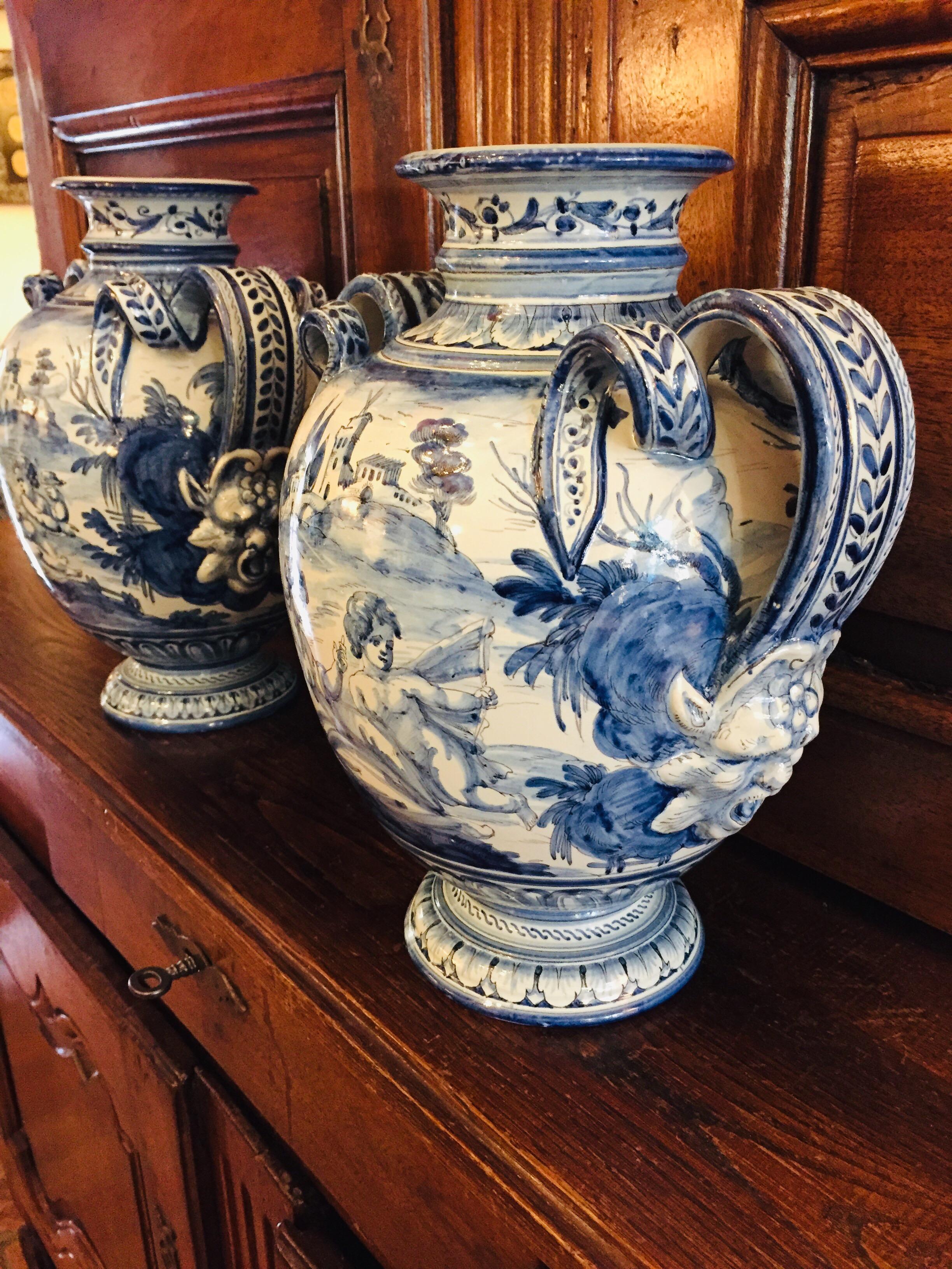 Hand-Painted Pair of Italian Vases 20th Century Blue and White Maiolica Savona Vases