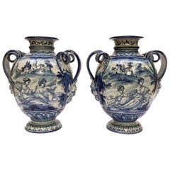 Vintage Pair of Italian Vases 20th Century Blue and White Maiolica Savona Vases