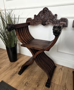Pair of Italian Savonarola Armchaira in Amazingly Carved Walnut