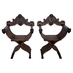 Pair of Italian Savonarola Armchaira in Amazingly Carved Walnut