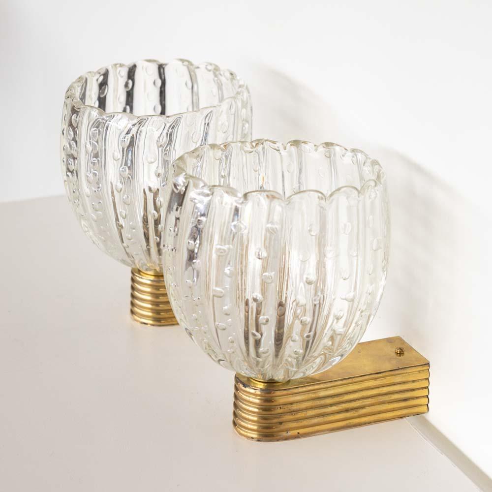 20th Century Pair of Italian Scalloped Glass Sconces