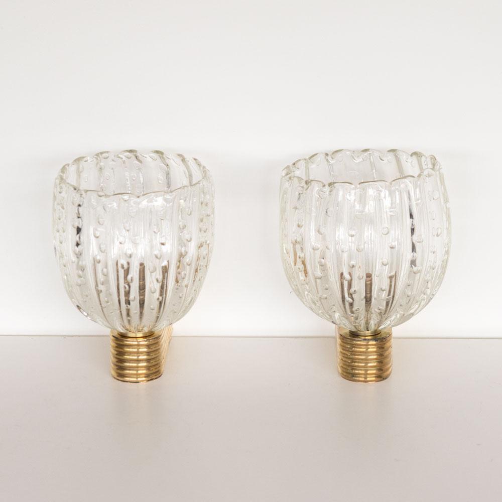 Brass Pair of Italian Scalloped Glass Sconces