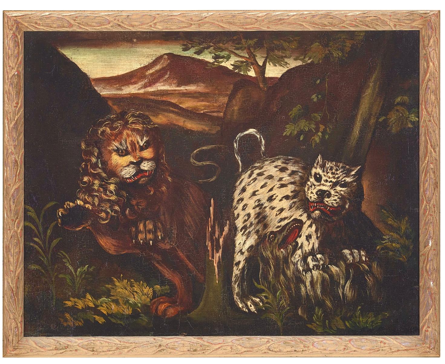 Coppia di splendidi dipinti ad olio su tela di scuola italiana del XVII/XVIII secolo raffiguranti leoni e leopardi. Gli artisti italiani incorporarono elementi di naturalismo e romanticismo, ritraendo queste maestose creature in pose dinamiche o
