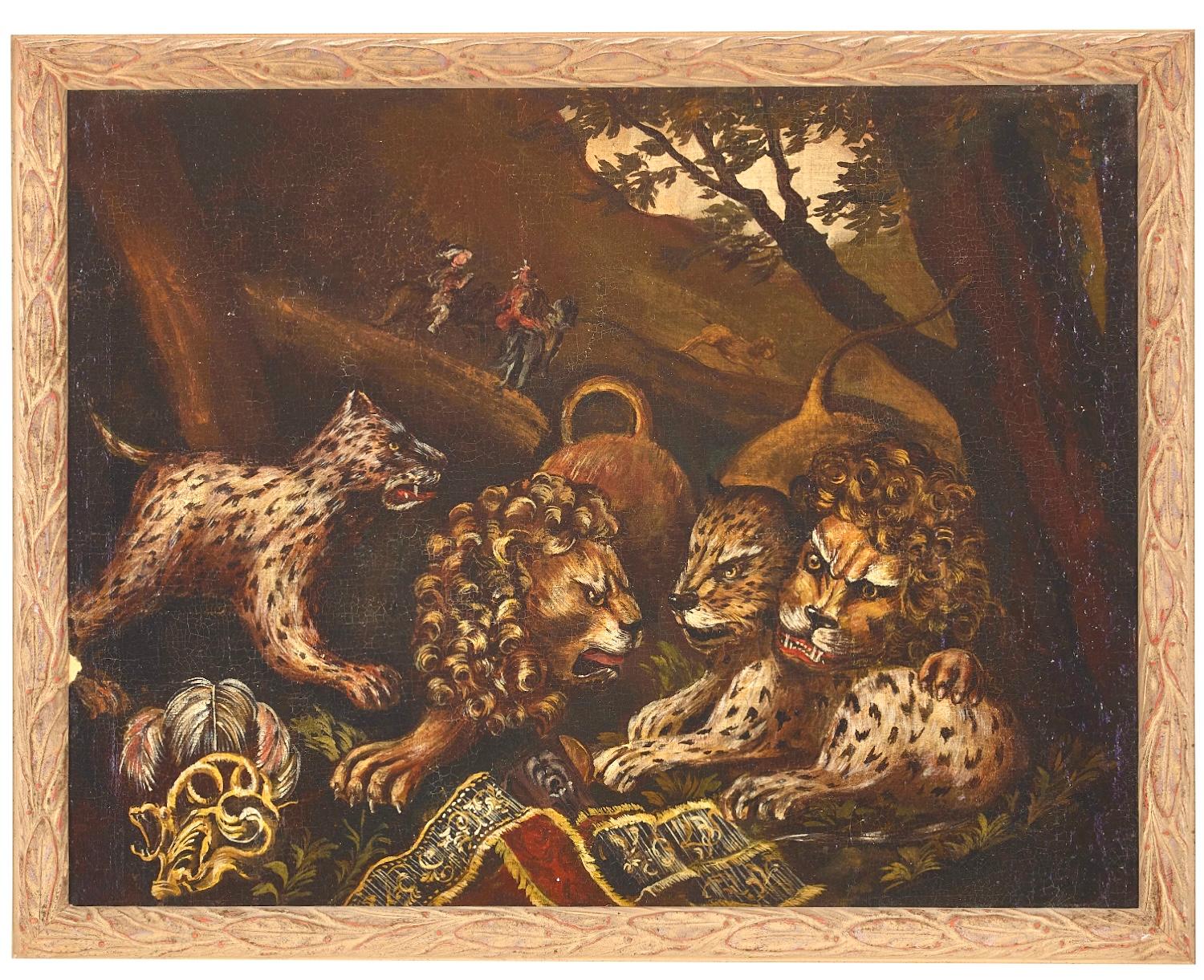 Barocco Coppia di dipinti di leoni e leopardi della scuola italiana in vendita