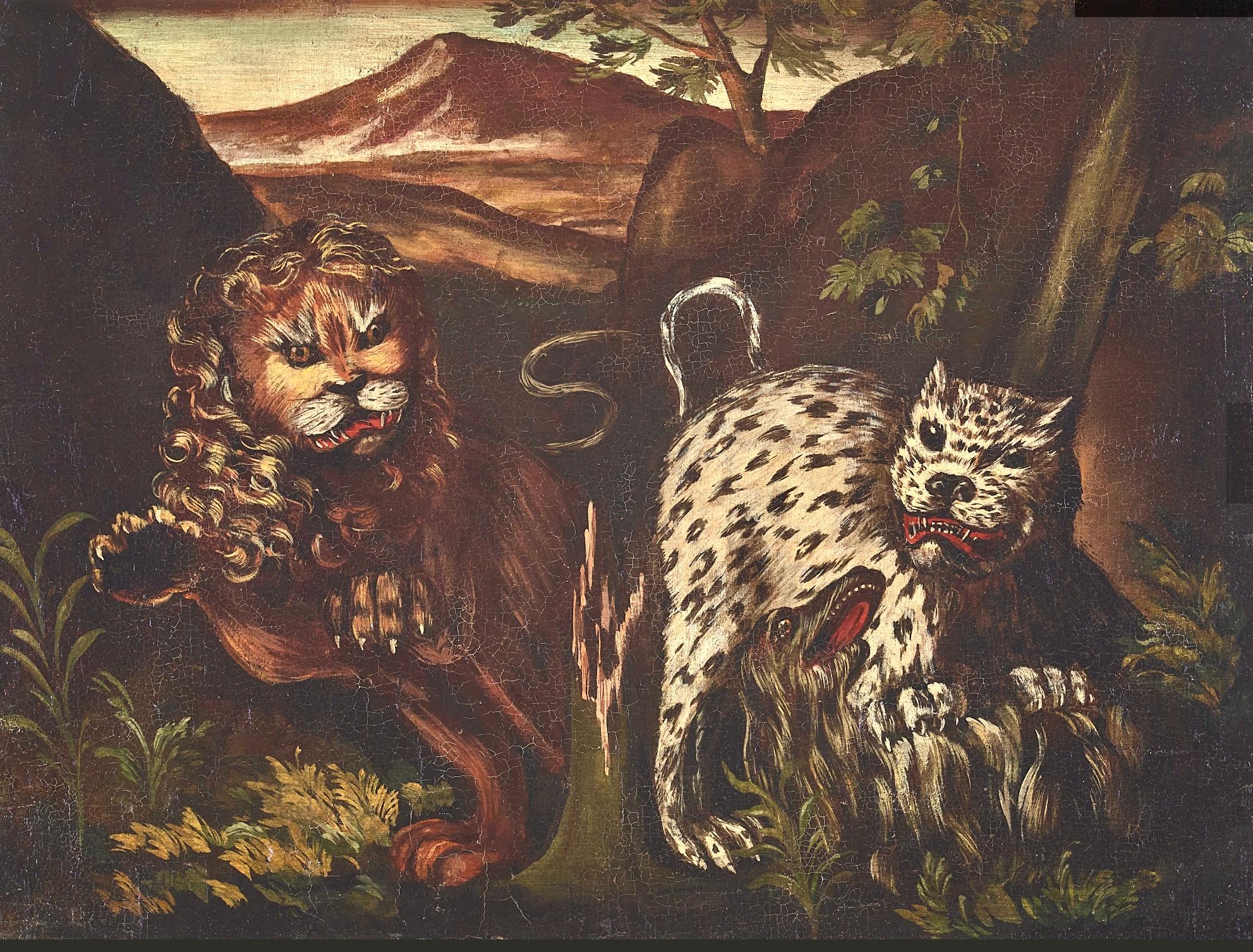 Italiano Coppia di dipinti di leoni e leopardi della scuola italiana in vendita