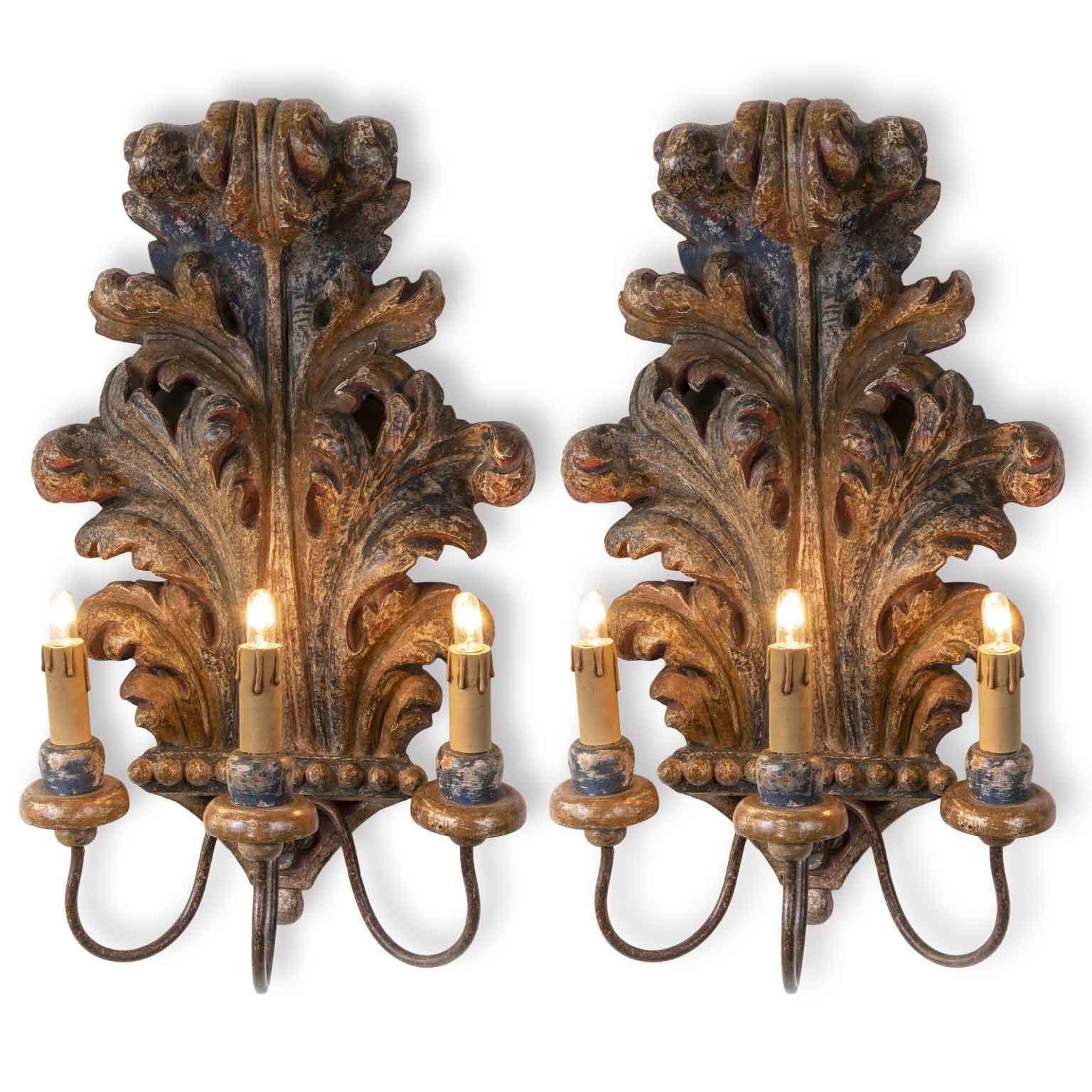 Hand-Painted Pair of Italian Sconces 1930s Blue Acanthus Leaf Carved Pine Three-Armed Lights 