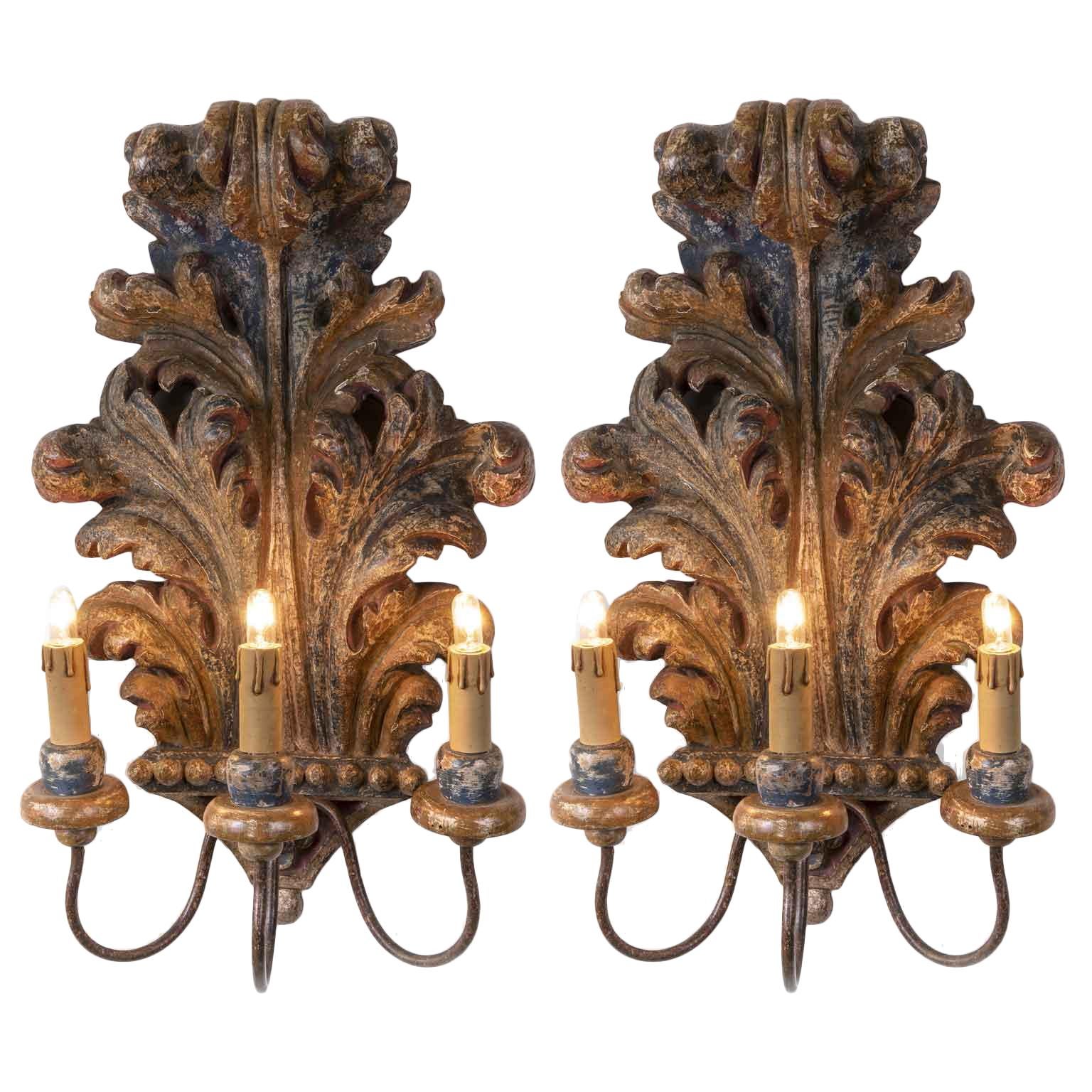 Pair of Italian Sconces 1930s Blue Acanthus Leaf Carved Pine Three-Armed Lights 