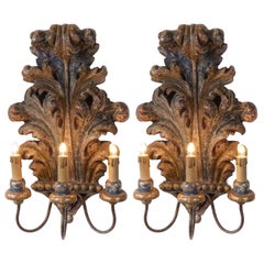Pair of Italian Sconces 1930s Blue Acanthus Leaf Carved Pine Three-Armed Lights 