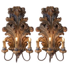 Pair of Italian Sconces 1930s Blue Acanthus Leaf Carved Pine Three-Armed Lights
