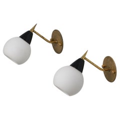 Pair of Italian Sconces, 1950s Brass and Opaline Glass Wall Lights