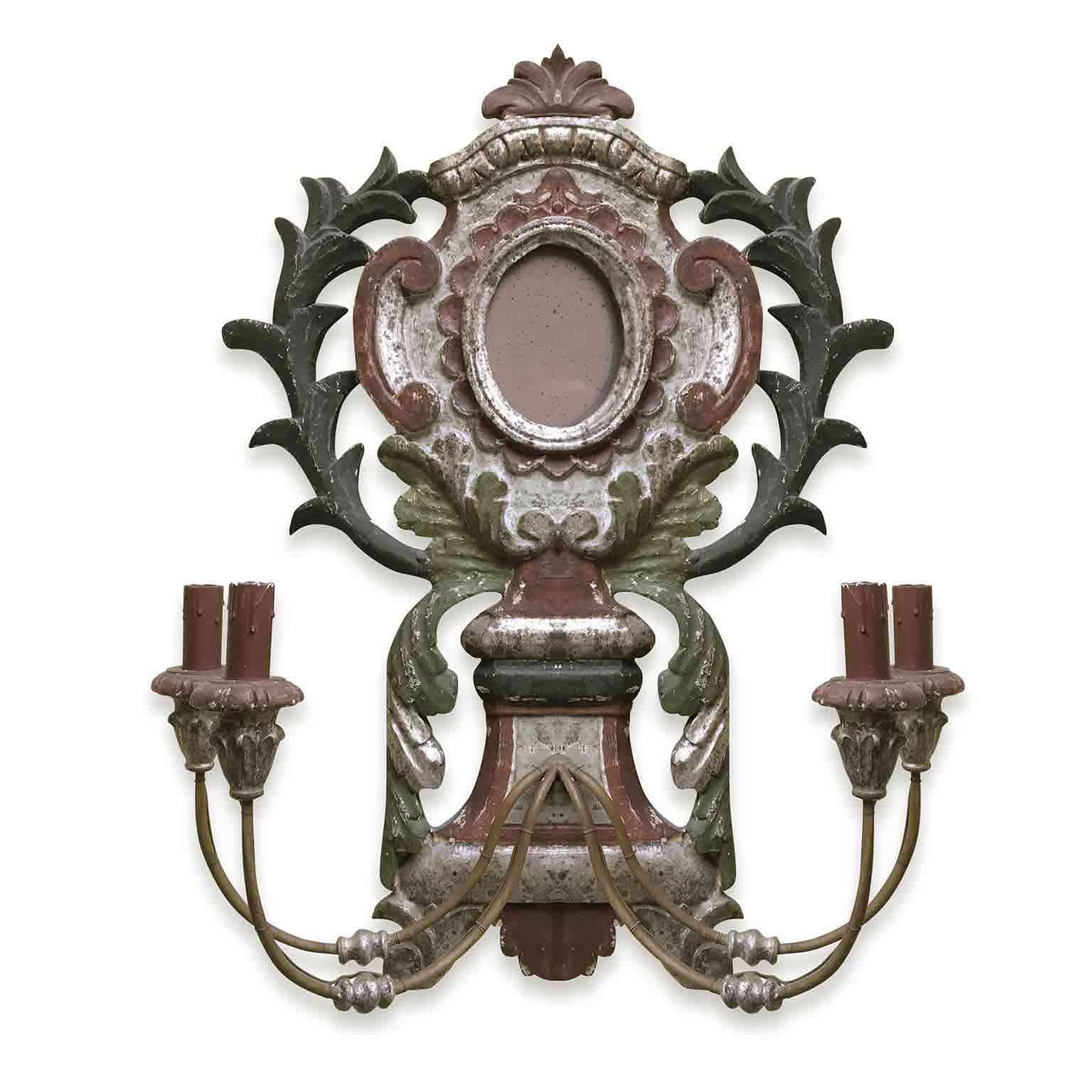 A  20th century pair of decorative Italian Florentine sconces, foliate hand-carving, four armed mirrored wall lights, large size polychrome sconces painted with bordeaux and green accents and silver-leaf mecca finish by Bartolozzi & Maioli in