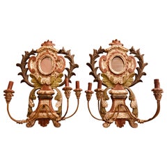 Vintage Pair of Italian Florentine Sconces with Mirror by Bartolozzi & Maioli 1970 circa