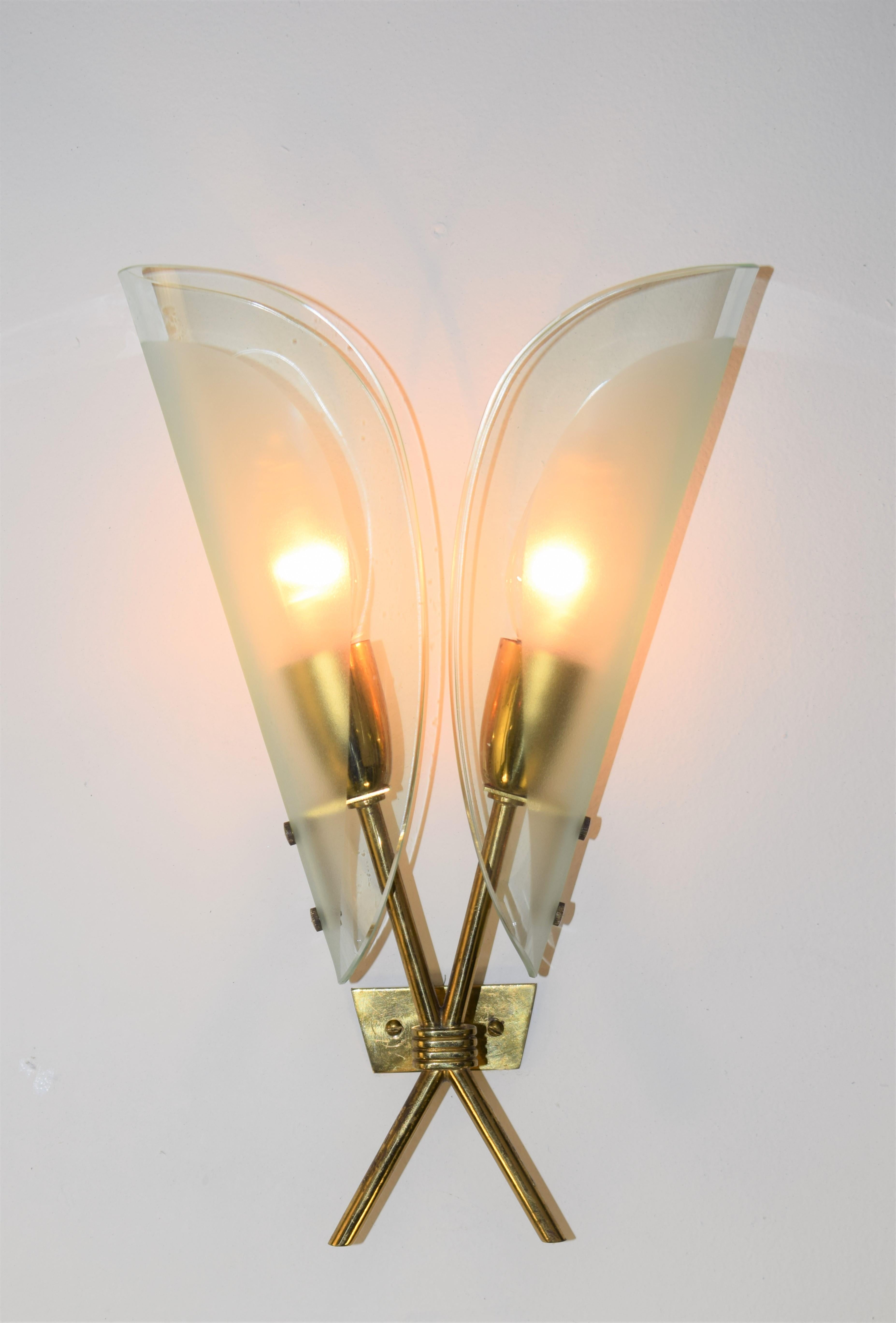 Pair of Italian Sconces, Brass and Glass, 1950s 9