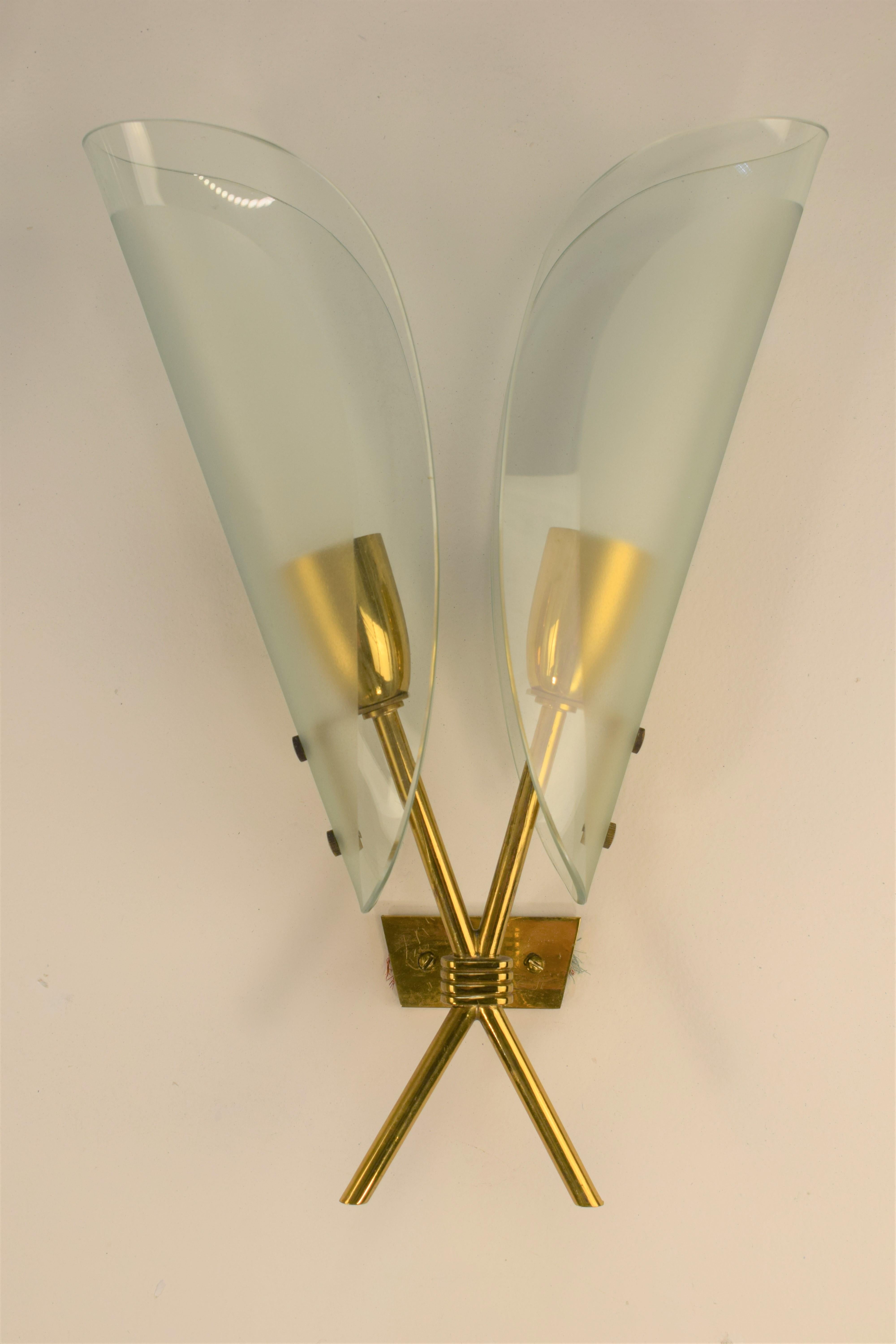 Mid-Century Modern Pair of Italian Sconces, Brass and Glass, 1950s