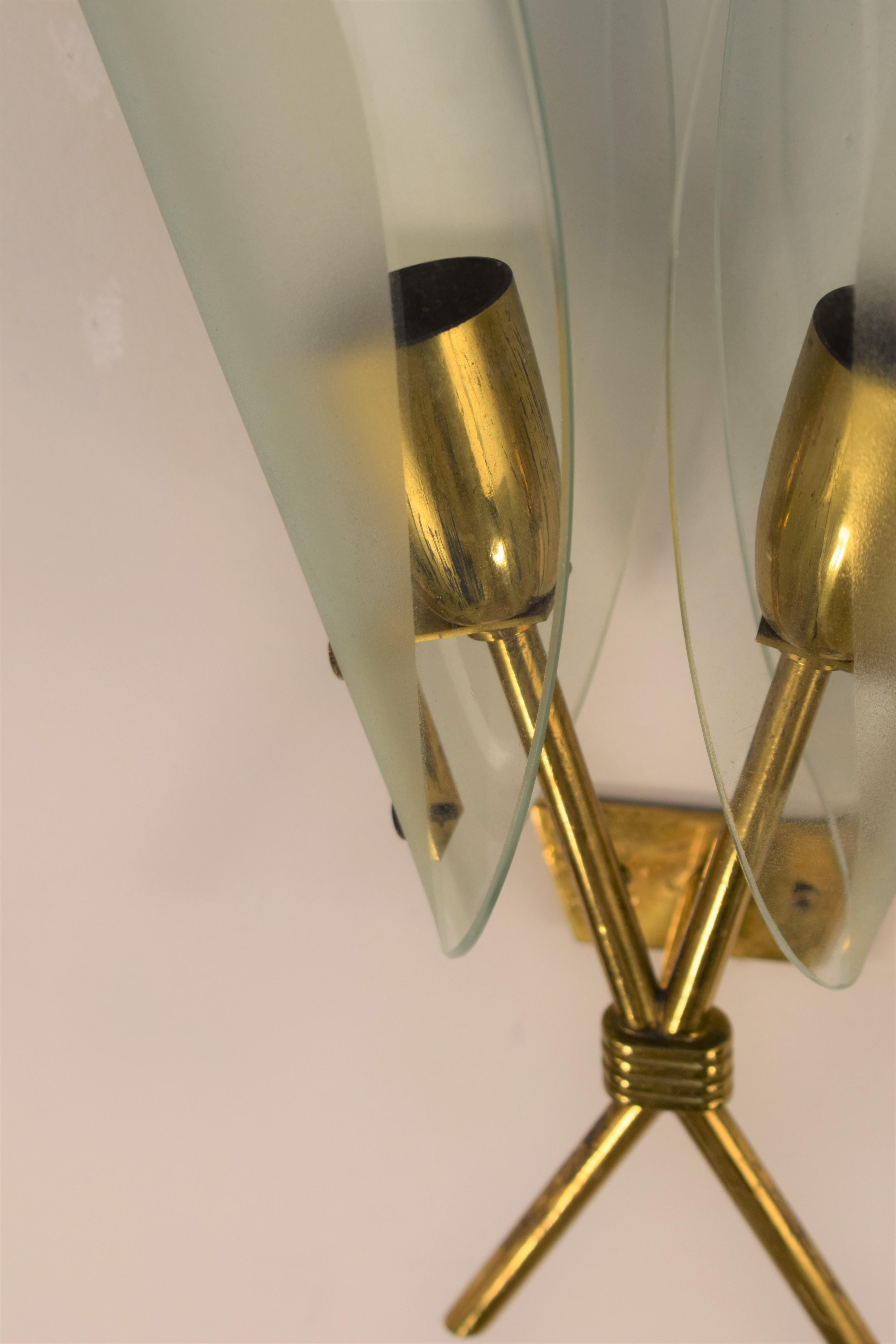 Pair of Italian Sconces, Brass and Glass, 1950s 1