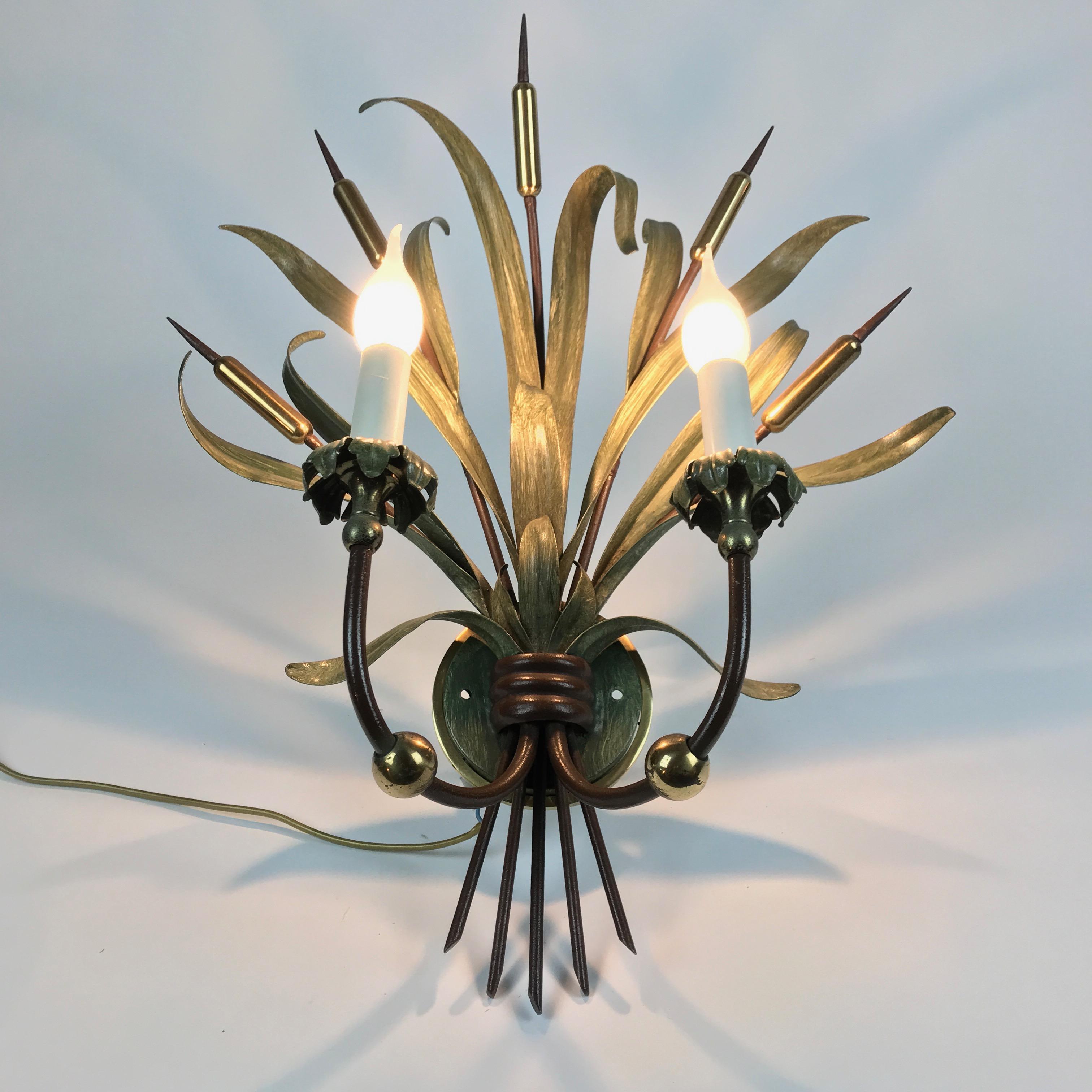 Pair of Italian Sconces by Banci Firenze 1980 circa with Green Reed Bunches  8