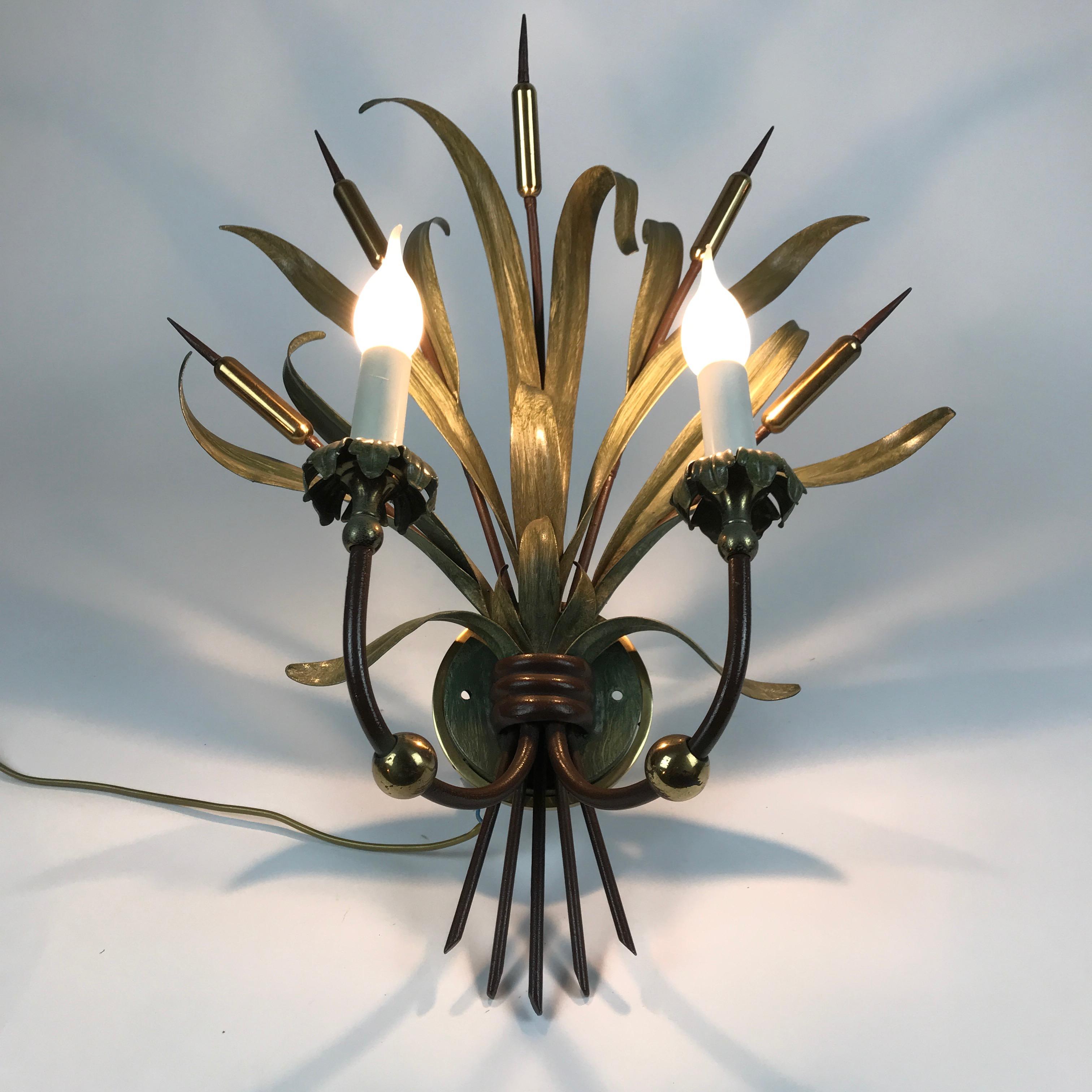 Hand-Painted Pair of Italian Sconces by Banci Firenze 1980 circa with Green Reed Bunches 