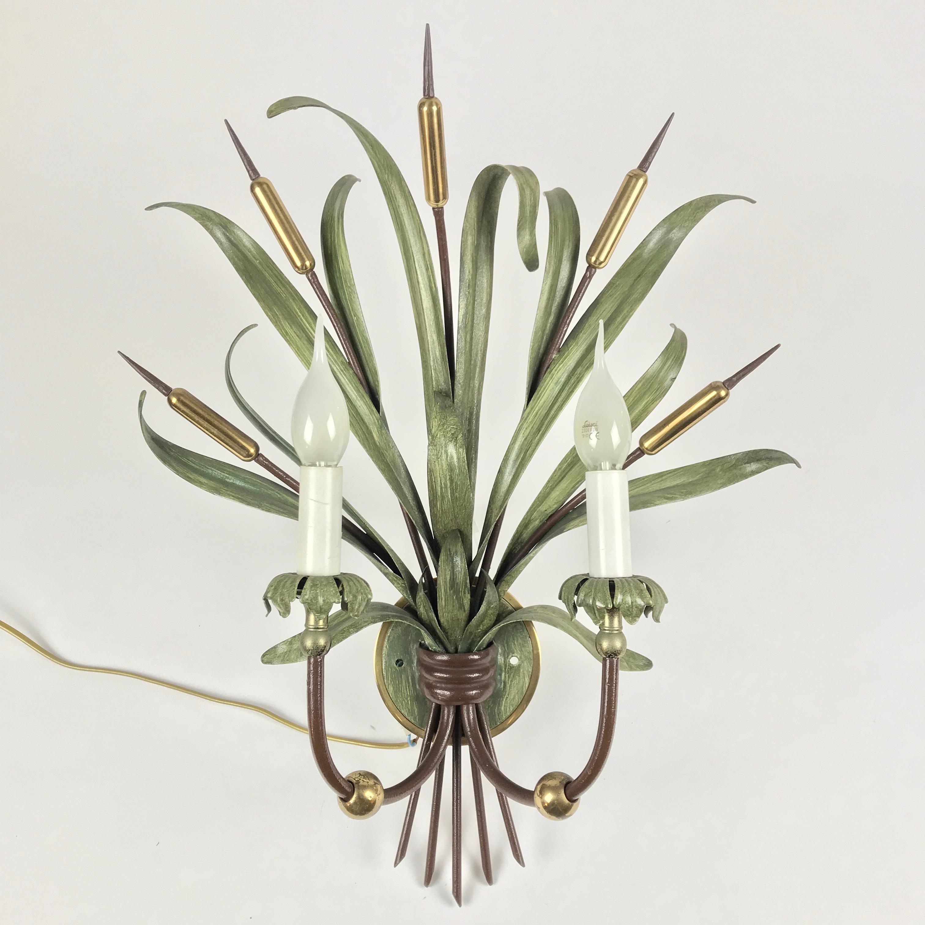 Pair of Italian Sconces by Banci Firenze 1980 circa with Green Reed Bunches  In Good Condition In Milan, IT